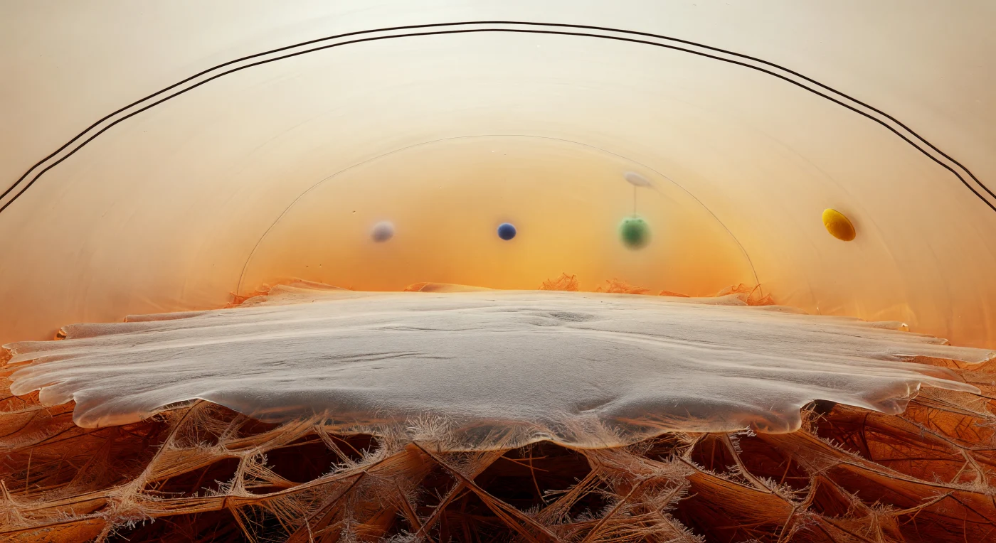 Pressed flat against the interior surface of a silica deposition vesicle, you are witnessing the slow, irreversible act of mineral construction — amorphous silica gel advancing in a pale grey-white mass across a rust-orange lattice of silaffin-like protein fibrils, burying the scaffold strand by strand as silicic acid polymerizes into the hydrated glass that will eventually become a radiolarian's intricate test. The silicalemma membrane curves overhead as a razor-precise double line of darkness, the boundary between this tightly controlled biomineralization chamber and the amber cytoplasm beyond, where cobalt-blue mitochondria and emerald-green granules glow like lamps behind frosted glass. The scaffold beneath you is not passive scaffolding but an active template — the silaffin proteins carry the polyelectrolyte chemistry that catalyzes silica precipitation, drawing dissolved silicic acid out of the vesicle fluid and locking it into solid mineral along their surfaces, the fibres darkening from terracotta to deep sienna as mineral encases them. Where the gel front is thinnest its translucency still permits a glimpse of the compressed protein lattice below, the gradient of encroachment as unhurried and inevitable as a tide darkening sand. The entire space — enclosed, amber-lit, saturated with the diffuse cream luminosity filtering through the membrane above — is a foundry operating at the threshold of chemistry and geometry, building one of Earth's most exquisite mineral architectures one nanometer-thick silica layer at a time.