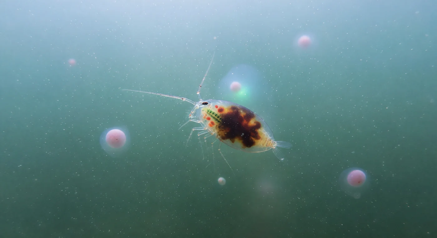 We hover eye-level with a *Calanus helgolandicus* female suspended in coastal North Sea water, her elongated teardrop body centered in a blue-green murk threaded with suspended particulate matter — each drifting grain catching diffuse downwelling light as a cold spark before dissolving into layered haze. She should be a marvel of living glass, her carapace wall thin enough to reveal the interior geometry of a working organism: the orange-red ovarian masses, the clean green gut column, the rhythmic pulse of a beating heart — but instead a dense amber-brown mass occupies her body cavity, a gregarine parasite colony pressing against the integument from within, its mottled mahogany texture visible as a shadowy, granular opacity through translucent chitin that was never meant to hide anything. Gregarines are apicomplexan parasites that colonize the guts of invertebrate hosts, often reaching densities that displace normal tissue and disrupt digestion entirely, yet rarely killing the host outright — instead sustaining themselves within a living architecture that continues to function around them. Her antennules still extend wide, their setae softening into optical haze at their tips, and her swimming legs still beat in their paired rhythmic strokes, performing the complete external vocabulary of a healthy copepod, while behind the carapace wall the interior has become a closed amber room belonging to something else entirely; behind her, pale gelatinous dinoflagellate spheres drift in the turbid water column, one exhaling a brief blue-green bioluminescent pulse that illuminates the surrounding water in a cold corona before fading back into the ambient light.