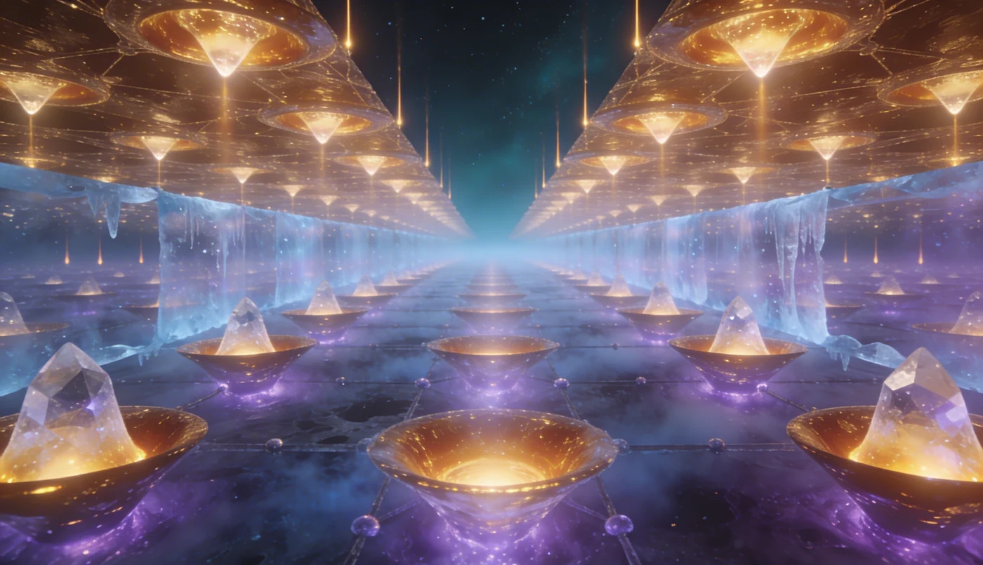 The viewer stands suspended within a copper crystal's interior, gazing across an infinite ordered plain of amber-gold potential wells that repeat with absolute geometric precision in every direction — each glowing cone descending into its own luminous throat, separated from the next by pale cerulean barriers like frozen curtains of aurora light, the entire lattice stretching to an imperceptible vanishing point 3.6 ångströms from one node to the next. This is the quantum mechanical reality of a Bloch wave electron at the Fermi energy: rather than residing at any single copper ion site, the electron exists as a coherent wavefunction smeared across the entire periodic crystal, its probability amplitude rising and falling in phase with the underlying ionic potential, obeying Bloch's theorem such that the wave carries a precise crystal momentum while inheriting the full translational symmetry of the lattice. The diffuse violet-indigo luminescence pooling heaviest at each lattice node is not metaphor but physics — the probability density |ψ|² genuinely concentrates near the positively charged copper ion cores, where electrostatic attraction deepens the potential wells, while thinning across the interstitial barriers where conduction electrons carry current as a collective quantum fluid. The gentle phonon breathing visible in the pulsing walls — each golden cone swelling and contracting by fractions — reflects the thermal oscillations of copper ions around their equilibrium positions at room temperature, quantized lattice vibrations that scatter Bloch electrons and give copper its finite electrical resistivity. To inhabit this scale is to dissolve into the mathematics of condensed matter: no fixed location, no classical trajectory, only a breathing interference pattern sustained across ten billion unit cells simultaneously.