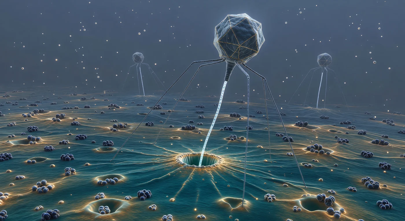 Standing at eighty nanometers above the outer membrane of *E. coli*, you look up into the slow, silent descent of a T4 bacteriophage — its icosahedral capsid, roughly one hundred nanometers across, looms like a faceted asteroid eclipsing the upper field of view, its dark-gray polyhedral faces traced by faint gold seams where capsomere proteins lock together with crystallographic precision, the entire structure carrying the gravitational authority of a body that has crossed this threshold ten thousand times before. Below it, six jointed tail fibers splay radially across the teal-gold LPS terrain like the legs of some ancient, patient predator, their receptor-binding tips pressing into the lipopolysaccharide surface and creating shallow molecular dimples where glycan chains reorganize under localized mechanical stress. At the composition's center, the tail tube has already breached the membrane — a pore perhaps three nanometers across, its lipid rim slightly disordered, the bilayer's material character shifting from uniform teal to a warmer amber at the wound site — and through that needle-thin channel a luminous filament of single-stranded DNA streams downward into the periplasm, pale blue-white and opalescent, driven by the osmotic pressure differential between capsid interior and host cytoplasm. In the aqueous middle distance, two further phage particles hover in the diffuse blue-gray medium with tail sheaths still extended and gleaming cold silver, their approach as inevitable as gravity at any other scale — the surrounding fluid not a passive backdrop but a thermally restless, chemically saturated medium in which every surface attracts, repels, and negotiates across distances measured in bond lengths.