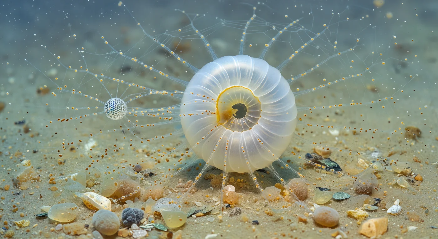 You hover above a silty seafloor like a ghost the size of a bacterium, the entire scene suffused with a sourceless blue-green transmitted light that turns the sediment into an ochre desert of mineral boulders and organic debris too vast to step over. Before you, the calcite architecture of a living foraminifera rises as an overwhelmingly white and luminous spiral of globular chambers — each surface smooth and chalk-brilliant, each suture a precisely carved groove, the whole structure built by a single-celled organism that secretes calcium carbonate walls and adds new chambers across its lifetime in a logarithmic sequence guided by no blueprint but chemistry and membrane geometry. Radiating outward from its aperture in every direction across that sediment surface is the reticulopod network: a web of anastomosing, ghost-thin cytoplasmic strands nearly invisible against the blue-green haze, betraying their existence only through the amber streams of organelle granules flowing bidirectionally along them — inward convoys of captured nutrition, outward flows of exploratory cytoplasm, the whole traffic system driven by myosin motors walking actin tracks within filaments barely wider than a few hundred nanometers. To your left, a diatom frustule — its silica walls perforated by pore arrays that scatter faint prismatic light — is gripped by converging strands and drawn imperceptibly inward, prey caught in a trap whose geometry is legible only by watching what moves through it, a living net spun not from silk but from the organism's own extended body.
