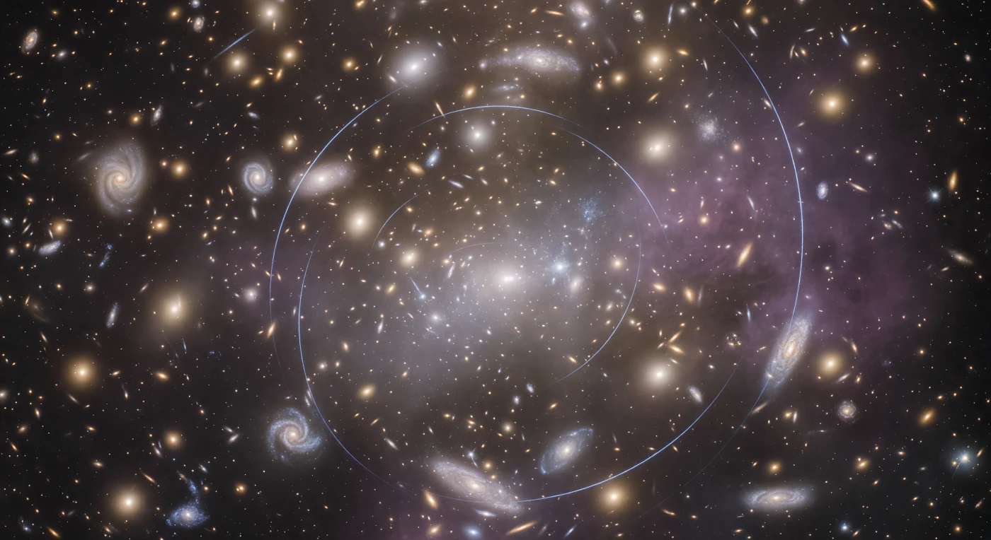 The view ahead is a cathedral without walls or ceiling — thousands of elliptical galaxies packed so densely across every direction that darkness finds no purchase between them, only the graduated amber, ivory, and pale gold of stellar populations billions of years old, each galaxy spanning hundreds of thousands of light-years yet compressed by distance into luminous pearls suspended in a warm, ancient light. At the center, the Brightest Cluster Galaxy dominates like a frozen detonation, its stellar mass so extreme that it offers no clean boundary, dissolving outward into intracluster light — the diffuse silver mist of billions of stars stripped from their home galaxies across eons of gravitational violence, bleeding across tens of degrees of apparent sky like luminous fog over still water, the visible record of collisions played out across cosmological time. Threading through this amber sea, razor-thin arcs of electric blue curve with knife-precise edges between the galaxies: gravitational lensing signatures, light from objects a billion light-years deeper into the universe bent into crescents and near-complete Einstein rings by the trillion solar masses of concentrated dark matter that holds this entire structure together. Behind and between everything, a faint violet-rose haze suffuses the near-vacuum — the intracluster medium, a fully ionized plasma heated to one hundred million degrees by the gravitational compression of infalling matter, detectable only as a gentle chromatic shift tinting the deepest background an otherworldly mauve, the X-ray-luminous thermal glow of matter in a state that barely resembles gas. Depth here becomes geological: foreground galaxies sharp and textured, mid-field objects dissolving into soft smears of blended starlight, the most distant members merging indistinguishably with the intracluster light itself, every photon arriving from a universe billions of years younger than the one that emitted it.