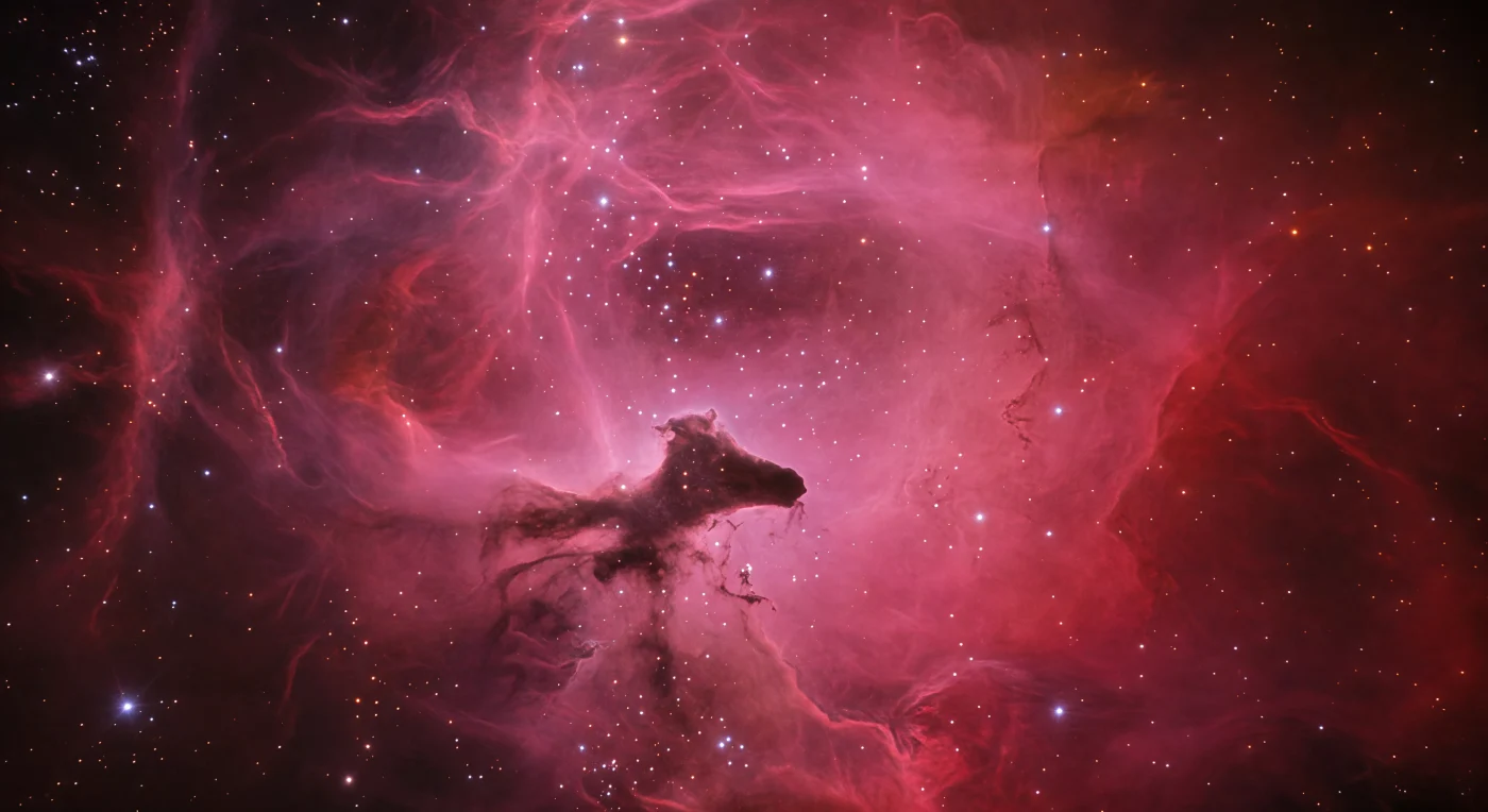 You are suspended inside the luminous body of IC 434, immersed within a vast curtain of ionized hydrogen that glows in every direction with a deep magenta-crimson warmth — not fire, but something closer to the interior of a stained-glass cathedral whose walls extend for light-years in every direction, textured with delicate filamentary streaks of denser gas that bleed from rose to burgundy like watercolor strokes across an infinite canvas. Rising from the base of the frame, the Horsehead Nebula asserts itself as a shape of absolute molecular opacity, a silhouette so thoroughly impenetrable that it reads less like shadow than like something carved from a material denser than thought itself — a cold molecular cloud where hydrogen column densities climb so high that not a single photon survives the crossing. Along its leading mane edge, a faint fringe of pale violet-pink betrays the violence of the interface: photoevaporating gas driven off the cloud's surface by ultraviolet radiation from the massive star Sigma Orionis, tiny tongues of partially ionized material dissolving back into the surrounding H II region at velocities measured in kilometers per second. Stars scattered across the field chronicle the cloud's depth in color alone — foreground pinpoints blazing white-blue, middle-distance suns tinted amber and orange, the outermost survivors reduced to dim rust-red before the dust column finally extinguishes them entirely, a chromatic countdown that makes the molecular cloud's mass feel geological, impassable, and absolute.