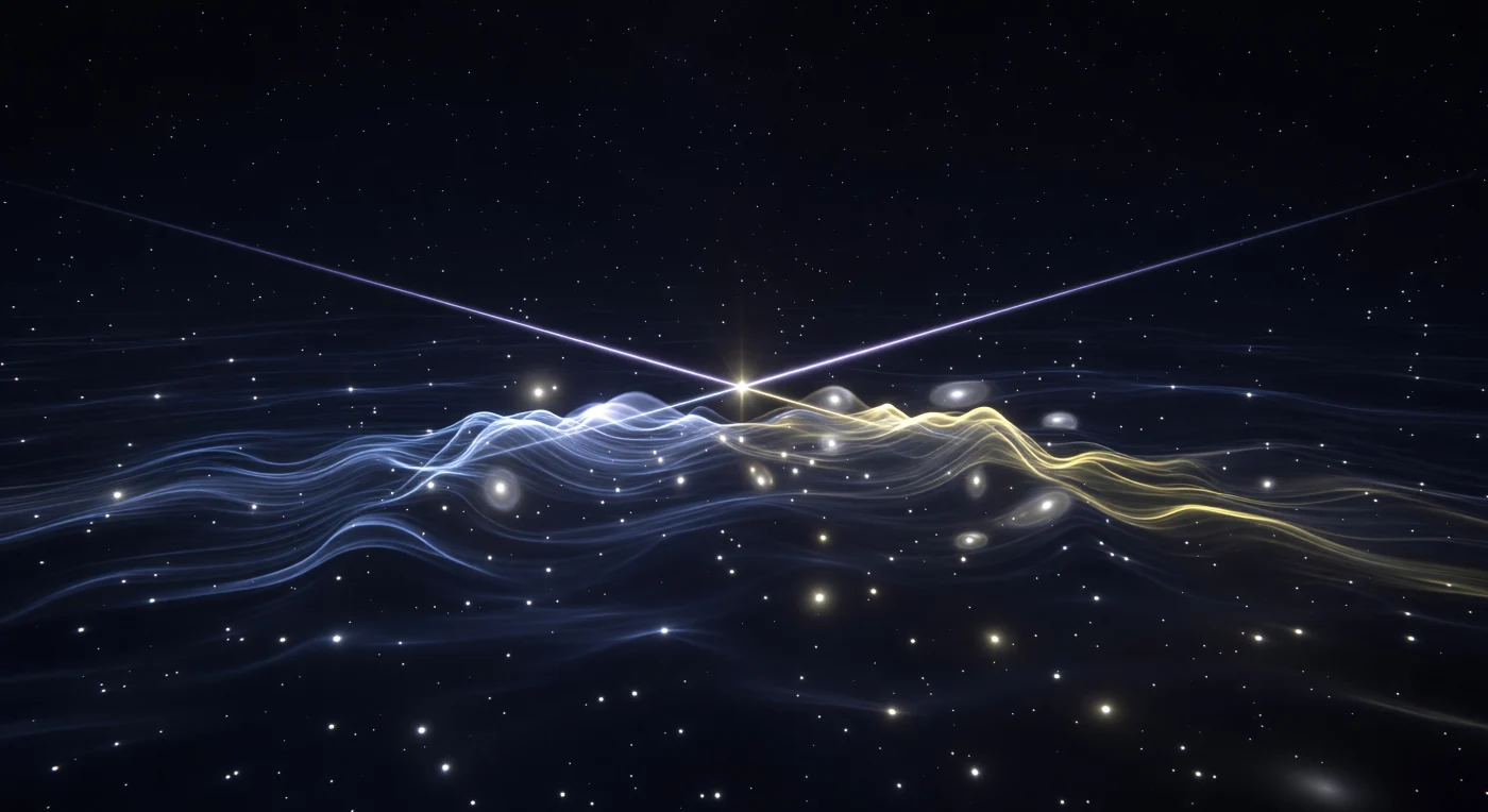 A vast indigo vacuum fills the frame, its darkness not empty but faintly alive with a subtle phosphorescent shimmer, as if the field itself were breathing. From opposite sides, a blue-white electron probability front and a gold-white positron front surge inward as layered, wave-like terrains, their interference fringes tightening in the narrowing gap while rapid translucent pulses mark the exchange of virtual photons. At the center, the overlap collapses into a blinding white-gold vertex, and two razor-clean violet-white gamma beams burst away in exactly opposite directions, carrying the interaction’s energy off at light speed. In their wake, nothing solid remains—only the fading afterglow of quantum fluctuations, and the unsettling sense of witnessing a conversion so complete that space itself seems briefly rearranged.