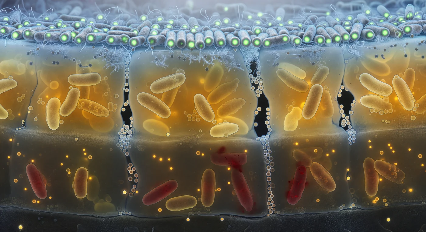 The viewer stands inside a living wall — a vertical face cut through a 50-micrometre-thick biofilm that reads like geological strata, each layer glowing with its own chemistry and gradual extinction of light. At the upper canopy, rod-shaped bacterial cells press tightly together in dense, ordered ranks, their lipid bilayers catching the cold blue luminescence of oxygenated fluid bleeding down from above, while GFP fluorescence turns the entire stratum into a field of cold green lanterns rimmed with frost-fine flagella and extracellular fibrils. Descending into the amber mid-zone, the blue light is rapidly absorbed by thickening extracellular polymeric substance — a translucent, honey-coloured resin of polysaccharides, proteins, and eDNA filling every interstitial space — while elongated, metabolically stressed cells cluster around dark, vertically oriented water channels whose walls are studded with membrane vesicles glittering like soap-bubble spheres: these channels are not incidental voids but engineered mass-transport conduits that sustain the colony's interior against diffusion limitations. Deeper still, in the hypoxic foundation, propidium iodide bleeds red through the compromised membranes of dead and dying cells whose outlines have blurred and swollen into the surrounding matrix, the oxygen gradient that structures this entire vertical world now collapsed to near zero, registered only as an absence of blue light and a cold darkness anchored against the rough mineral substrate below. The scene encodes, in living fluorescence, one of the fundamental truths of biofilm ecology: that spatial heterogeneity — of oxygen, of metabolic state, of cell viability — is not a failure of homeostasis but the colony's primary survival architecture.