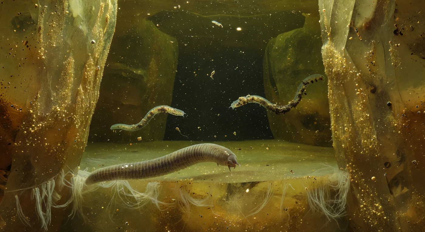 You are suspended inside the sediment itself, enclosed within a vaulted pore space no wider than the period at the end of this sentence — four mineral walls of translucent quartz and feldspar rising on every side, their surfaces crusted in living amber biofilm and draped in pale filamentous mats of sulfur-oxidizing bacteria that sway in the slow hydraulic pulse of tidal water pressing through the sediment column above. Dominating the foreground, a predatory Oncholaimus-type nematode curves through the turbid olive water with the unhurried authority of an apex predator in a closed system, its thick grey-beige cylinder of cuticle catching specular highlights along the dorsal ridge, the faint trilobed shadow of its buccal armature just legible at the blunt anterior tip — a jaw built to pierce and evacuate the body contents of other nematodes. Behind it, two deposit-feeding nematodes move in sinuous arcs, their nearly transparent body walls revealing dark ropes of ingested world: mineral grains, diatom fragments, and compacted bacterial biomass travelling the length of their guts as a slowly moving column of consumed sediment. Through all of this drifts a gentle downward snow of organic detritus — degraded plant matter, bacterial aggregates, and EPS mucus strands — each particle haloed in refracted amber light as it settles through pore water that is itself a living medium, dense with dissolved organics and suspended microbial cells, in a labyrinth that extends infinitely in every direction, one grain diameter at a time.