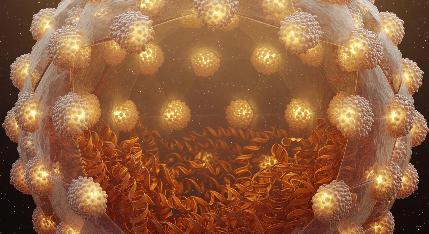 You stand at the geometric center of a self-assembled protein cathedral, entirely enclosed by a 36-nanometer icosahedral shell built from 240 copies of a single hepatitis B core protein folded into interlocking hexameric and pentameric capsomers — a T=7 triangulation number meaning the assembly logic required precisely seven quasi-equivalent protein environments to close the sphere without defect. The inner wall above and around you is not smooth but deeply textured: each capsomer rises 4 to 5 nanometers from the curved surface as a dense cluster of beta-barrel folds, their polypeptide backbones packed so tightly that the boundary between one protein and the next is a question of hydrogen bonds and van der Waals contacts rather than any visible gap, the twelve pentameric vertices where five-fold symmetry closes the geodesic logic glowing slightly brighter in the warm amber phosphorescence as though structural tension made visible. Beneath you, the packaged pregenomic RNA — a 3.5-kilobase transcript destined for reverse transcription into the viral DNA genome — fills the interior in dense, compressed coils of burnt orange, the helical strands pressing against one another and against the inner capsid wall with electrostatic and steric forces that keep the entire mass under measurable internal pressure, while the thermal agitation of the surrounding aqueous medium at 37 degrees Celsius drives constant micro-oscillations through both genome and protein shell simultaneously. The space between coiled RNA and protein wall is not vacuum but dense aqueous solution — magnesium ions, polyamines, and a continuous flux of water molecules, each water molecule striking the capsid interior roughly ten billion times per second, the cumulative effect of that thermal bombardment rendering the entire structure not rigid but dynamically trembling, a thermodynamic equilibrium held in place not by rigidity but by the statistical average of ten thousand molecular forces canceling one another out at every instant.