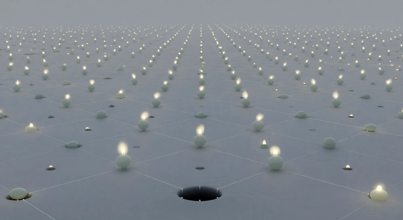 Stretching away in every direction like the floor of an immense ceremonial hall, the Si(111) 7×7 reconstructed surface presents itself as a tiling of warm lantern-glow and pewter-gray shadow, each repeating unit barely four and a half nanometers across yet commanding the entire visible world from this vantage. Twelve adatom spheres rise in two triangular clusters, their dangling-bond electron clouds hovering above them as soft yellow-white lobes — quantum probability made visible, frozen midway between one bonding partner and none, radiating a pearlescent amber haze into the cool surrounding vacuum. Six rest atoms occupy shallower hollows between them, their dimmer votive flames of electron density marking the sites where the surface chose a different reconstruction geometry, while at each unit-cell corner a single dark void drops away like a drain in ancient stone, its absolute blackness rimmed by the faint glow of under-coordinated edge atoms. The entire assembly is the outcome of a surface caught mid-collapse: when bulk silicon is cleaved along the (111) plane, the outermost atoms cannot sustain their broken bonds and rearrange over hundreds of atomic sites into this elaborate 7×7 superstructure, lowering total energy through a baroque choreography of adatom repositioning, dimer formation, and stacking-fault accommodation that took decades of crystallography and tunneling microscopy to fully decode. Everything here hums with the quiet thermal tremor of nuclei jittering within their bonding sites, each adatom a pinned lantern swaying imperceptibly at the edge of quantum uncertainty.