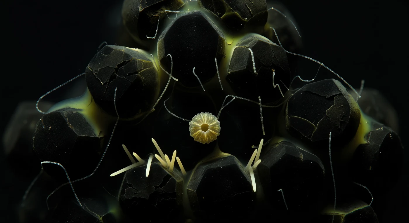 The frame offers almost nothing — a near-total darkness relieved only by the sickly green-yellow seep of polysulfide-saturated pore water pooling in a capillary throat, its color less light than dissolved chemistry made faintly perceptible, and by the white drape of chemosynthetic bacterial filaments — Beggiatoa-like threads a few micrometers wide, their internal sulfur granules lending them a faint, pearl-string opalescence as they hang between FeS-blackened grain surfaces that rise like obsidian monoliths, catching the sulfide tinge only at their sharpest fractured edges before surrendering to void. At absolute scene center, a single loricifera — roughly 200 micrometers from lorica rim to sealed posterior — sits motionless against one such grain, its introvert fully retracted and locked within overlapping cuticular plates whose ridged surfaces catch a diffuse amber halo that represents electrochemical gradient energy rather than any photon, because no photon from any sun has ever reached this anoxic basin floor. Loricifera, one of Earth's most recently discovered animal phyla, are among the only metazoans known to complete their life cycles in permanently sulfidic, oxygen-free sediments, surviving through biochemical strategies — possibly hydrogenosome-like organelles — that render this metabolic impossibility routine. Gypsum needles jut at acute angles from a nearby grain face, their pale CaSO₄ crystalline geometry geologically indifferent to the animal pressed still a grain-length away, the only creature in a world whose entire resolving distance collapses into irretrievable blackness within a single grain-length, where viscosity and chemical gradient are the only forces that matter.