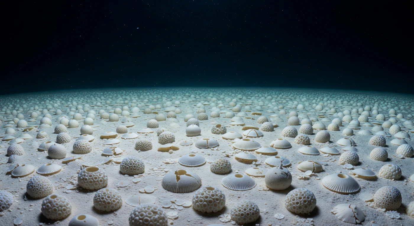 Beneath you, the abyssal seafloor resolves not as mud but as an unbroken mosaic of calcite architecture — thousands of foraminiferan tests pressed together across every visible surface, each one a distinct sculptural object built by a single cell now long vanished, their collective pale ivory luminosity glowing softly against the absolute black of the water column pressing down from above. Globigerina bulloides rise in globose clusters of interconnected spherical chambers, their pore-riddled surfaces giving them a matte, chalky texture; beside them, Globorotalia menardii lies blade-flat, its sharp peripheral keel catching the dim light as a hairline of brighter white, while perfect spheres of Orbulina universa rest like frosted marbles, their broken spine stumps projecting into the water as a faint bristled halo. Every interstice between the tests is packed with coccolithophore debris — the disaggregated calcite platelets of Emiliania and Coccolithus, ground to a near-powder that fills the gaps like white mortar between cobblestones, smoothing the surface into something lunar and self-luminous. This is globigerina ooze: a sediment composed almost entirely of biological calcium carbonate, a million-year archive of dissolved surface-ocean history laid down at a rate of centimeters per millennium, silent and pressurized and cold, every shell a chemical message from a sea surface that no longer exists.