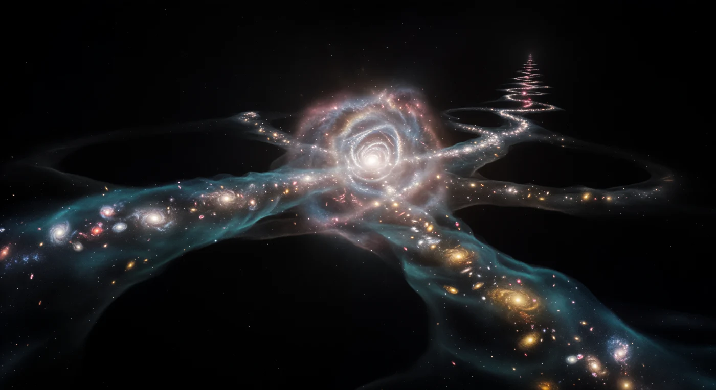 From a vantage ten megaparsecs above the convergence, three vast filamentary arms of the cosmic web reach outward from a single blazing node, each one a loosely braided rope of thousands of galaxies strung along invisible dark matter scaffolding that spans hundreds of millions of light-years — and yet the node itself, containing the compressed light of entire galaxy clusters, resolves to little more than a fierce white-gold ember at this remove. The node's heart is a fully ionized intracluster medium glowing at temperatures exceeding one hundred million degrees, its X-ray plasma bleeding outward through halos of champagne and rose before surrendering to the deep wedge-shaped voids that occupy most of the visible volume, volumes so architecturally empty that the absence of even a single galaxy across billions of cubic light-years reads as a structural feature in itself. Each filament carries its own character: one braided with blue-white spirals still forming stars and threaded by warm-hot intergalactic gas fluorescing at ultraviolet wavelengths, another richer in amber ellipticals whose stellar populations have aged and cooled over billions of years, a third foreshortened along the line of sight into a diminishing corridor of redshifted fire. What holds this geometry in place is not the gravity of any visible matter but the far greater mass of dark matter halos whose scaffolding preceded the galaxies themselves, while between the arms dark energy quietly continues its work — pulling the supercluster's outer reaches apart even as the node at its heart draws everything inward.