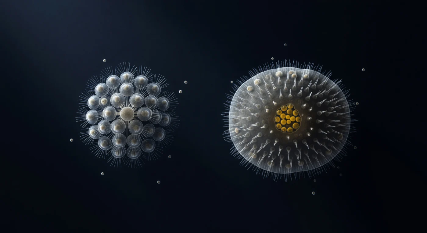 You hover in a pressurized darkness that reads as oceanic, a DIC-illuminated void of deepest blue-black through which a single oblique light rakes from upper-left, sculpting every membrane into bas-relief — silver-white highlights blazing on exposed cell faces, the opposite edges dissolving into shadow so complete they seem to merge with the surrounding medium. To your left, a 32-cell rosette colony of *Salpingoeca rosetta* hangs in precise biological architecture, each choanoflagellate cell presenting its collar-and-flagellum unit outward in an achromatic arrangement of silver needles and pale translucent cytoplasm, the intercellular bridges at the colony's basal core constituting some of the oldest known molecular machinery for multicellular cohesion — a structural preview of every animal body that will follow across the next seven hundred million years. One hundred microns of open water separates this colony from a calcinean sponge parenchymella larva that occupies the right side of the field in dense, semitransparent mass: its exterior layer of ciliated cells catches the DIC light as a silver fringe at the periphery, while its interior cell mass grades toward a posterior cluster of yolk-laden cells burning in the only warm amber tones in an otherwise monochromatic scene, and within the anterior hemisphere, a handful of deeper cells already betray incipient collar-cell morphology — minute apical condensations rehearsing the choanocyte plan before larval settlement has even begun. The gap between colony and larva reads as empty, yet the shared architecture of collar microvilli, the common logic of flagellum-driven filtration, and the near-identical ultrastructure of choanoflagellate cells and sponge choanocytes charge that hundred-micron interval with the entire conceptual weight of animal origins, the two organisms functioning simultaneously as living taxa and as the closest available material witnesses to the transition that made complex multicellular life possible.