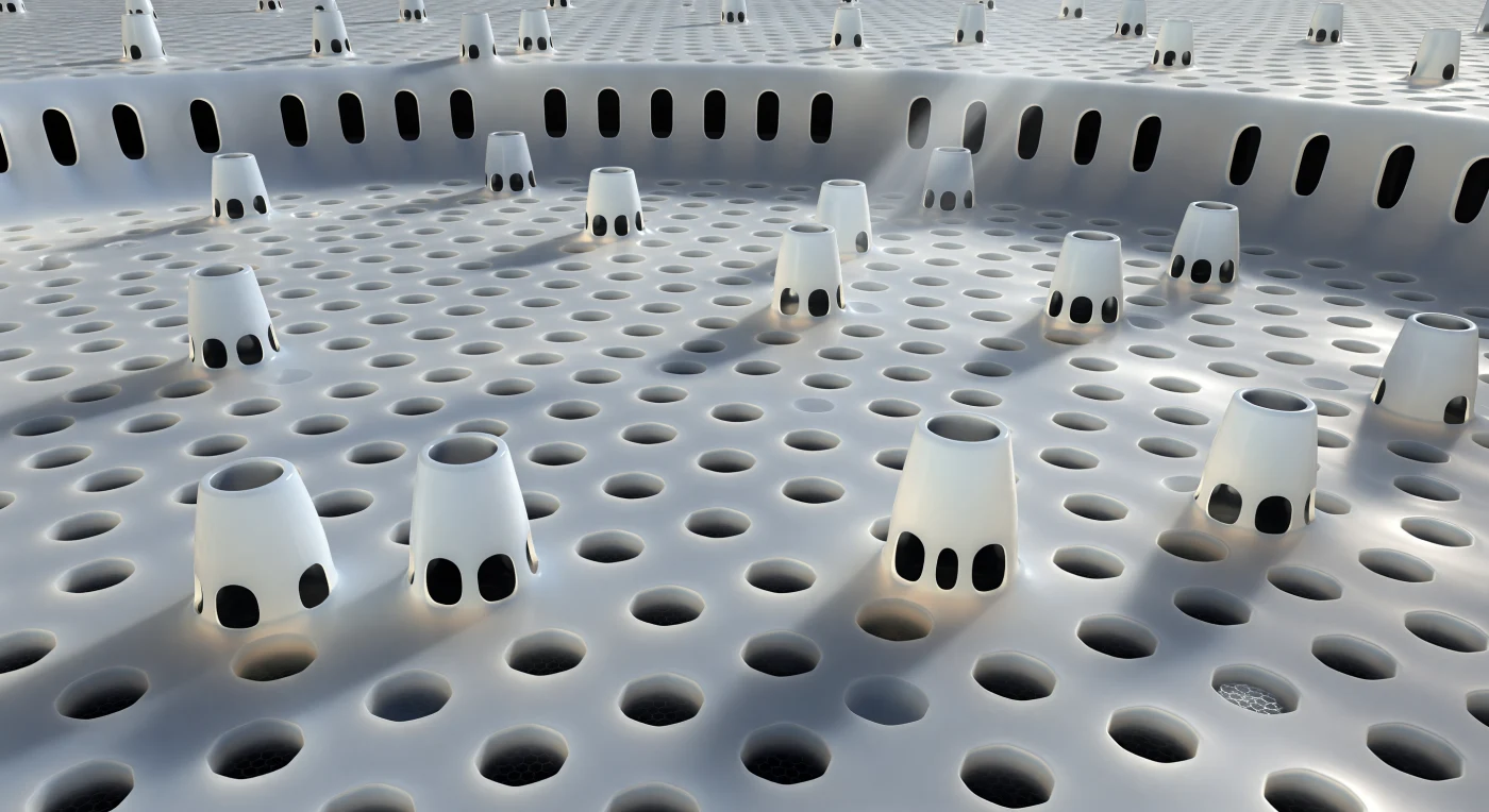 You drift above a tilted world of glass, its surface curving away in every direction like the hull of an enormous buried planet, tessellated from edge to invisible edge with thousands of perfect hexagonal pits — each one a six-sided shaft dropping two hundred nanometers into absolute silica shadow, their velum meshwork floors visible only as ghostly lattices revealed by the low-raking electron-beam illumination that turns every ridge into blazing white and every interior into matte black. This is the valve face of *Coscinodiscus wailesii*, a centric diatom, and what reads as monumental architecture is the organism's frustule: a shell of amorphous biogenic opal deposited with nanometer precision inside a silica deposition vesicle during the cell's division cycle, its areola geometry encoding taxonomic identity in the very periodicity of the hexagonal array. From the plain, fultoportulae towers rise at irregular intervals — hollow silica columns open at their bores, each flanked by three satellite pores through which the cell once secreted chitin fibrils outward into the water column, their directional shadows sweeping across the hexagonal field like sundials marking a frozen moment. At the valve margin, rimoportulae appear as dark elongated slits cut cleanly through the silica precipice, mechanosensory structures whose inner chambers once connected cytoplasm to sea, while below the mantle's curve the smooth cingulum bands begin — featureless hoops of silica receding into depth, the plain girdle holding epitheca to hypotheca in a joint refined across two hundred million years of evolutionary pressure.