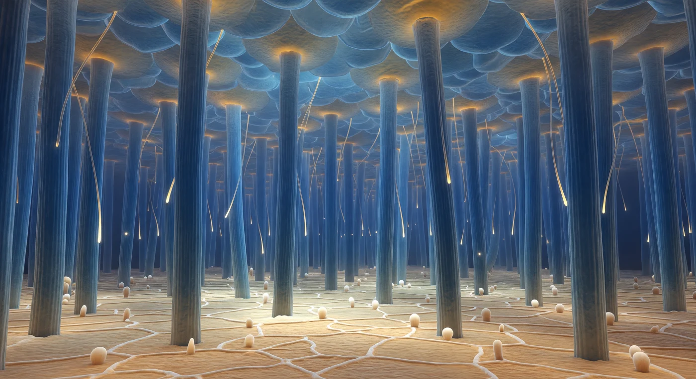 You are standing at the base of a living forest that has no trees — only hundreds of smooth, deep blue-cyan cylinders rising from a warm ochre plain in every direction, each shaft roughly 200 nanometers across and six micrometers tall, packed so densely that no horizon exists, only an infinite repetition of vertical forms dissolving into aqueous blue-gray haze above. These are airway epithelial cilia, each one internally braced by a nine-plus-two arrangement of microtubule doublets whose geometry presses faintly through the outer membrane like ribs beneath wet silk, driven by dynein motor proteins consuming ATP in coordinated strokes to sweep the overlying mucus layer toward the throat at roughly ten millimeters per minute. Between the nearest shafts, amber-gold mucus threads hang in slow catenary arcs — luminous, slightly translucent strands of glycoprotein gel whose viscoelastic properties allow them to stretch without breaking, catching diffuse biological light the way honey catches candlelight, anchored where they touch a ciliary surface by the same surface tension that shapes a dewdrop. Far overhead, the metachronal wave is caught in a single frozen instant: an entire colonnade of cilia leaning ten to fifteen degrees in unison while the adjacent rank stands upright again, the phase offset between each row producing a scalloped, rippling ceiling — a breathing rhythm carved into space, generated by a structure that has no awareness it is breathing at all.