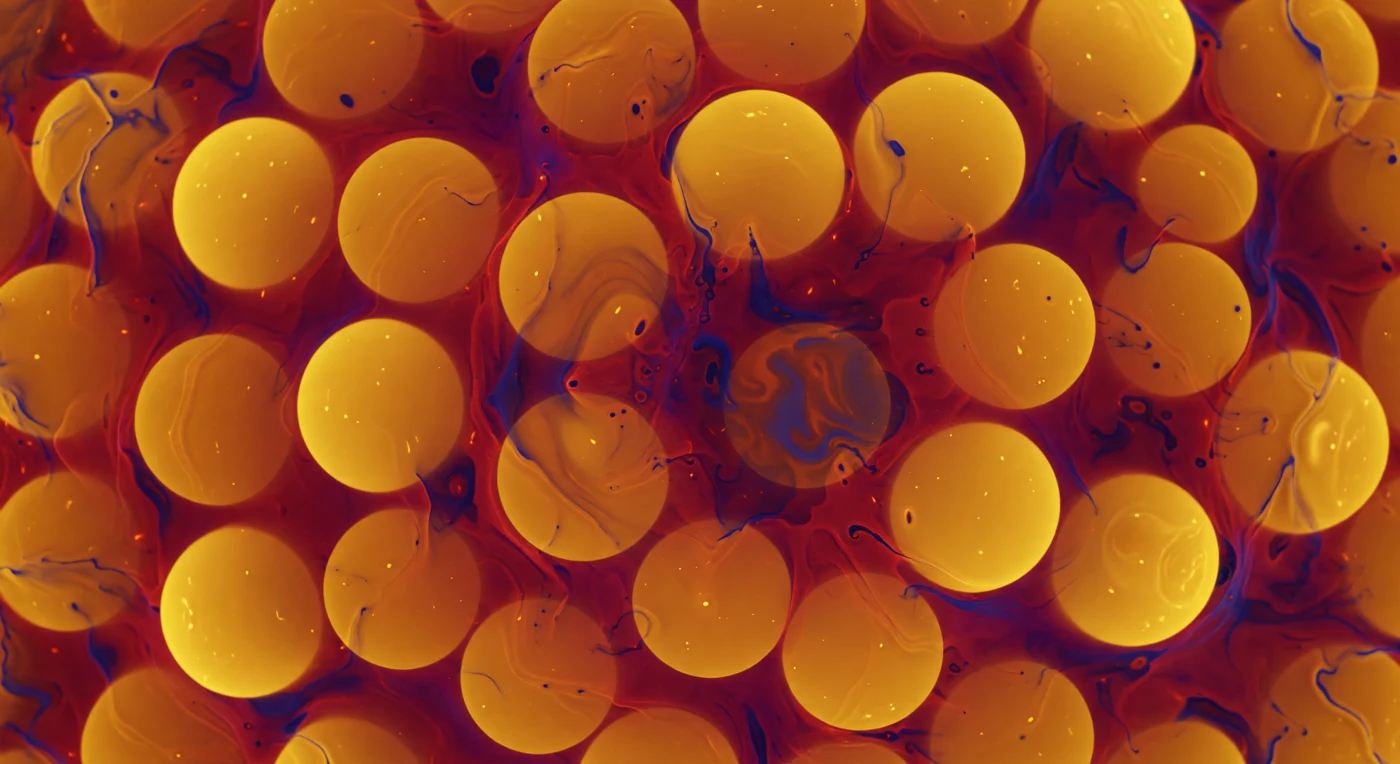 At the geometric center of a lead-208 nucleus, there is no outward view — only inward, in every direction simultaneously, an absolute enclosure of overlapping amber-gold volumes pressing from no more than two femtometers away, their softly dissolving edges bleeding into one another the way candlelight diffuses through translucent mineral wax. These are the nucleon probability densities of 82 protons and 126 neutrons, each not a hard sphere but a smeared quantum presence with definite spin and isospin, arranged by shell-model structure yet packed to nuclear saturation density — approximately 2.3 × 10¹⁷ kilograms per cubic meter, the densest stable configuration of matter in the observable universe short of a neutron star. The interstices between these lobes are not empty: the QCD vacuum itself is a churning condensate of deep crimson and burnt sienna, threaded with momentary veins of cold indigo where virtual quark-antiquark pairs and gluon fields pool and dissolve, the vacuum energy not zero but seething at a scale of hundreds of MeV per cubic femtometer. There is no shadow here because there is no external source of illumination — every amber mass glows with intrinsic ochre radiance, every interstice pulses with its own condensate luminescence, and the entire medium trembles at a frequency corresponding to nuclear vibration periods of roughly ten sextillionths of a second, too fast to resolve into discrete events, felt only as a geological stillness that is simultaneously violent beyond all ordinary measure.