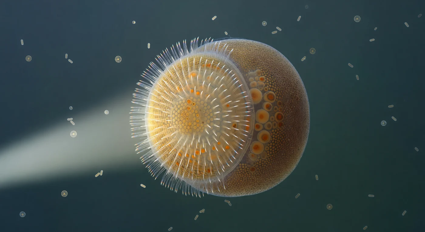 You hover in open water at the scale of a large dust mote, surrounded by a cool blue-green medium that presses against you from every direction with equal Brownian insistence, while before you an oval world roughly 400 micrometers across — the diameter of a fine sand grain — blazes with concentrated biological purpose. This is an amphiblastula larva of a calcareous sponge, a fleeting free-swimming stage that exists for only hours to days before settling onto a reef surface and inverting its own body to begin the sedentary filter-feeding life of its kind; its two hemispheres represent fundamentally different cell fates, the anterior choanoblast-precursors destined to become the flagellated choanocytes that will one day drive water through internal chambers, and the posterior archeocytes carrying dense lipid reserves that fuel the entire settlement and metamorphic transition. A single shaft of side-light carves the near hemisphere into a scintillating golden dome whose surface reads as a continuous vibrating fringe — thousands of cilia beating in coordinated metachronal waves, each transparent as a glass needle, their collective motion diffracting the light into a spectral corona of violet, cyan, and pale gold that wavers and resets in real time around the equatorial rim. The posterior hemisphere recedes into deep ochre shadow, its granular archeocyte masses pressing against one another in dense, yolk-heavy arrangement, their amber lipid inclusions visible as dark punctuations through the translucent wall — an entirely different country of cellular quietude pressed against the luminous, spinning anterior world. Around the larva, diatom frustules glint like engraved medallions and rod-shaped bacteria tumble in slow Brownian arcs, indifferent witnesses to a creature poised at the threshold between the planktonic and the permanent.