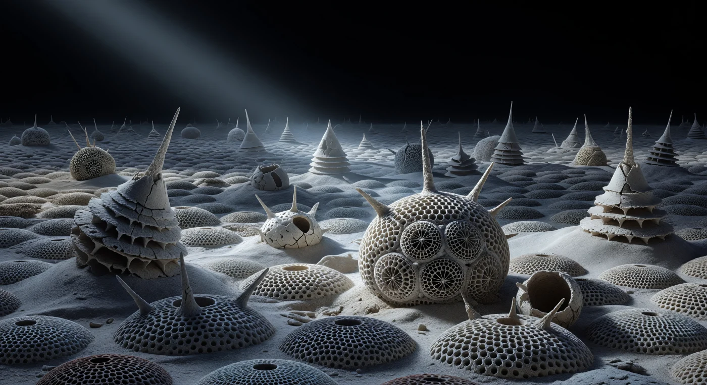 You are suspended above a vast grey plain that extends in every direction without relief, its surface packed so densely with the silica remains of radiolarians that it reads less as sediment than as a ruined city compressed flat by geological time. Under the oblique electron beam, intact Spumellarian tests loom like geodesic dome complexes, their nested concentric lattices casting intricate grids of shadow-pits into their own interiors, each hexagonal pore framing a doorway-sized rectangle of absolute black, while broken Nassellarian cones lie overturned among them like collapsed cooling towers, their apical spines still lancing upward through the mineral fill at odd angles. Amorphous clay drifts in smooth accumulations around the bases of intact tests, half-burying some and leaving others elevated on compacted pedestals, the whole surface recording in monochrome physics — electron contrast alone, no colour, no atmosphere — the compression of millions of years of pelagic snowfall into a few centimeters of ooze. The silica of each test is opaline and biogenic, secreted by living cells from dissolved silicic acid over hours of slow mineral accretion, and what survives here is only the most durable fraction: forms whose lattice geometry was strong enough to resist dissolution in the undersaturated deep water during the centuries of sinking and burial. Behind the nearest landmarks, the raking beam loses its power to lift geometry from shadow, and the far field dissolves into undifferentiated grey, a necropolis extending beyond resolution in every direction.
