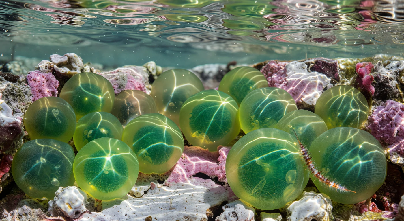 You hover motionless just above a limestone crevice fracture, close enough that the trembling mercury sheet of the Caribbean surface fills your entire peripheral vision above, while fifteen *Valonia ventricosa* spheres occupy the crevice floor like pressurized glass baubles — each one a single cell two to four centimeters across, their taut walls pulled so tight they read less as biology than as blown borosilicate, shading from deep saturated emerald at the flanks to chartreuse where caustic threads of focused sunlight snake and bloom across their surfaces in continuous fluid reorganization. Each sphere is an individual coenocytic cell under extraordinary turgor pressure — its multilayered cellulose wall wound in opposing helical fiber arrays that lend the surface a faint silky crosshatch rather than a true mirror finish — and where the light strikes at near-normal incidence, the translucency of that wall reveals the interior as a single luminous jade volume, the massive central vacuole diffusing chlorophyll light outward so that each sphere glows as if self-illuminated, a dense green lantern with a darker ectoplasmic chloroplast rind pressed millimeter-thin against the inside of the glass. A bristle worm threads between two of the larger spheres in copper and rust iridescence, its body dwarfed by the cell mass it navigates — an animal composed of billions of cells picking its way through the architecture of just fifteen — while behind the cluster the crevice walls bear their crustose coralline algae in chalky pink granularity, the textural opposite of the glassy perfection pressing against them, and the entire scene holds suspended in a single sharp instant, every caustic filament crisp, every bristle a hair of light.