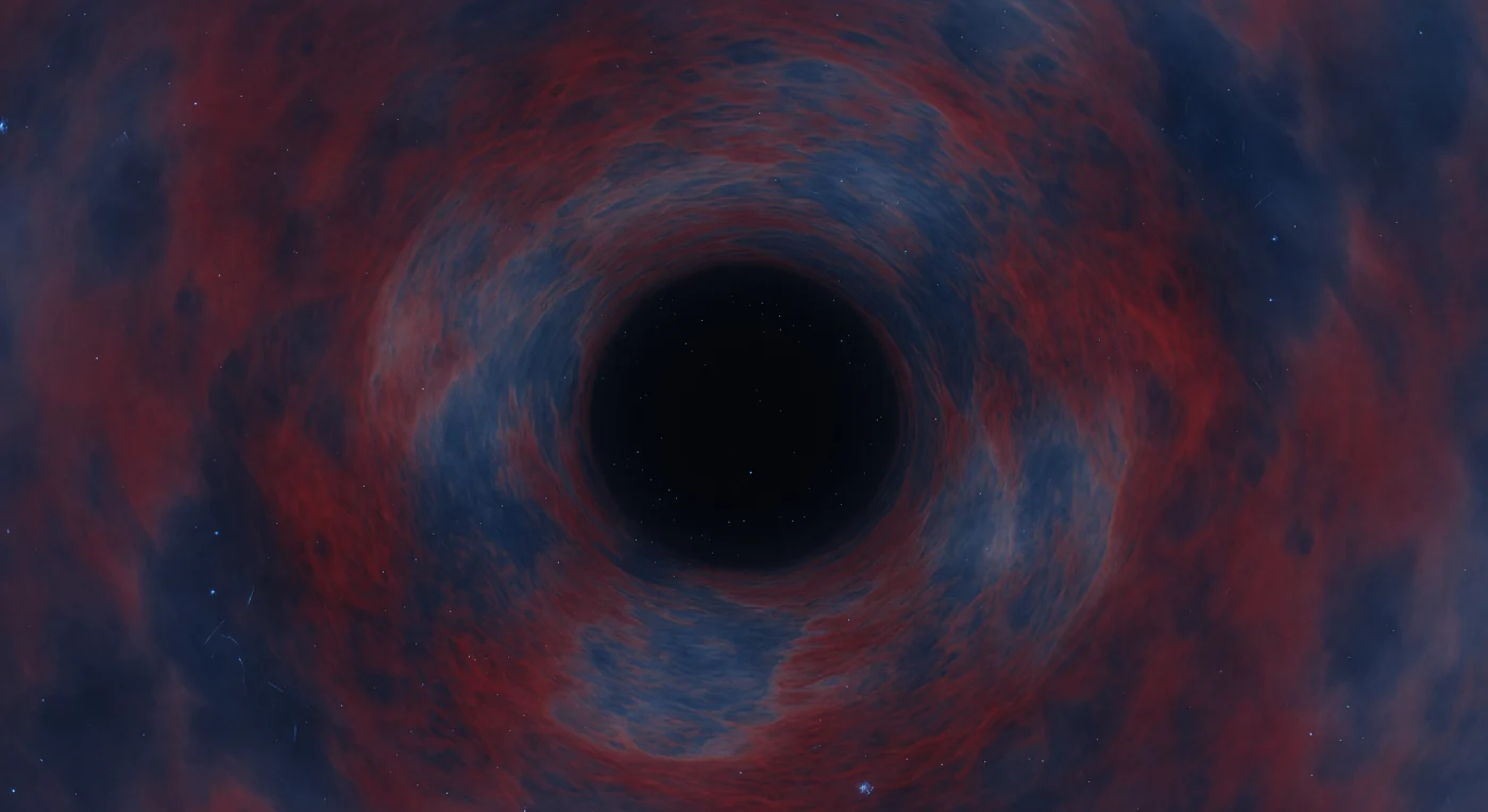 The view from this vantage point reveals the interior of the largest structure a human mind can meaningfully hold: the last-scattering surface, a continuous spherical shell enclosing the observer in every direction, its skin painted in the desaturated ochre-rust of warm plasma patches and the bruised indigo of cooler regions—temperature fluctuations of no more than one part in one hundred thousand, frozen into a softly luminous fresco at the moment recombination released the universe's first free photons, approximately 380,000 years after the Big Bang. These mottled undulations—broad continental warmths bleeding into cold polar bays, with finer textures nested within—record the primordial acoustic oscillations of a baryon-photon plasma, the seeds from which all subsequent gravitational structure would eventually grow. Between the observer and that receding shell, scattered across an intervening darkness of billions of light-years, faint electric-blue pinpoints betray the earliest protogalactic concentrations at redshifts around ten, their light compressed and dimmed almost to invisibility, clustering in thin filamentary wisps that hint at the first stirrings of the cosmic web. No matter where one looks, the dome maintains exactly the same apparent distance—neither floor nor ceiling nor wall but all of them simultaneously—because this horizon is defined not by a surface one could approach but by the finite speed of light itself meeting the age of the cosmos. The isotropic warmth pressing inward from every direction casts no shadow and acknowledges no preferred axis, filling the enclosed space with the quiet, all-surrounding glow of fossilized light from the universe's earliest legible moment.