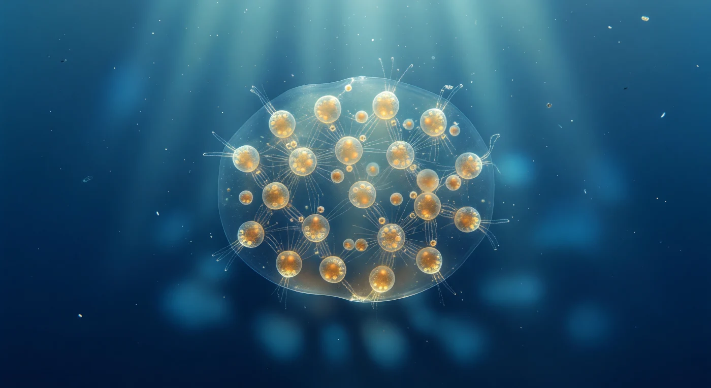 You are suspended one millimeter from the surface of a colonial Sphaerozoum, close enough that the entire colony fills your field of view like a softly luminous planet hanging in open blue water — its eight-millimeter ellipsoidal body so nearly transparent that the boundary between organism and ocean registers only as the faintest shimmer, as though a lens of thickened seawater has quietly organized itself around a community of living amber lanterns. Each individual cell glows a warm golden-brown from the dense population of symbiotic dinoflagellates packed within its ectoplasmic calymma, and from every cell, axopodia radiate outward as whisker-thin filaments — invisible until a shifting column of tropical sunlight catches them at angle and flares them into silver needles, their microtubule axonemes forming a loosely interlocking mesh that threads the whole gelatinous interior. This colony belongs to the silica-free collodarians, and without a hard mineral skeleton, there is no gothic lattice here — only soft, buoyancy-loaded biology: lipid vacuoles scattering light as milky iridescent beads within each cell, and the mucilage boundary itself acting as a weak biological lens, converging downwelling rays into a slowly drifting caustic of brighter and darker blue that shimmers across the water column below like a stained-glass window cast adrift. The surrounding ocean is an almost structureless blue void of near-infinite depth, its fine suspended particles of marine snow — a glinting diatom frustule, a tumbling organic aggregate — only emphasizing the colony's extraordinary stillness, a self-contained microscopic biome held aloft by its own buoyancy and caught between total invisibility and warm interior radiance in an immense, open silence.