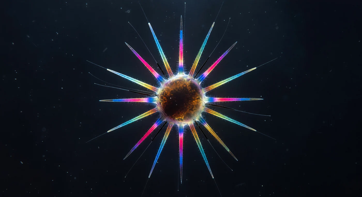 You are suspended roughly two hundred micrometers from the nearest surface of a living Acantharia, a distance that at this scale feels like standing at the edge of a cathedral plaza before an illuminated rose window — and the organism before you fills the entire field of view like a jeweled lantern breathing in cold seawater. At its heart, the central capsule presents as a warm amber-brown ovoid, nearly opaque with the massed bodies of zooxanthellae pressed against its inner wall, their chlorophyll pigments reradiating a faint russet halo of tobacco and gold into the surrounding darkness; from this dense nucleus, twenty spines of strontium sulfate — celestite, a mineral almost unknown in living tissue — radiate outward in precise geometric array, polar and equatorial and tropical positions locked by the Müller's law symmetry unique to this group. Under crossed polarized illumination, each crystalline rod has ignited in a distinct interference color determined by its optical path length and crystallographic orientation: one burns electric cyan along its entire length, its neighbor a saturated fuchsia-magenta, the next a deep cobalt blue fading to violet at the needle-sharp tip, then gold, then lime-green, the birefringence of the sulfate lattice splitting incident light into ordinary and extraordinary rays that recombine at the analyzer to produce colors as saturated as neon against the near-absolute black of the surrounding water. Between the blazing spines, the myoneme contractile cables — actin-based biological guy-wires unique to Acantharia, capable of collapsing the entire spine array to alter buoyancy — run as taut dark threads, their organic composition rendering them invisible to the polarized light that makes everything crystalline incandescent, while at the very periphery of the scene the axopodia extend as ghost-thin silver-white lines into the water column, their microtubule axonemes quivering in the Brownian current, broadcasting the organism's presence into the surrounding broth of dissolved salts and suspended colloids like the trembling strings of an instrument no one is playing.