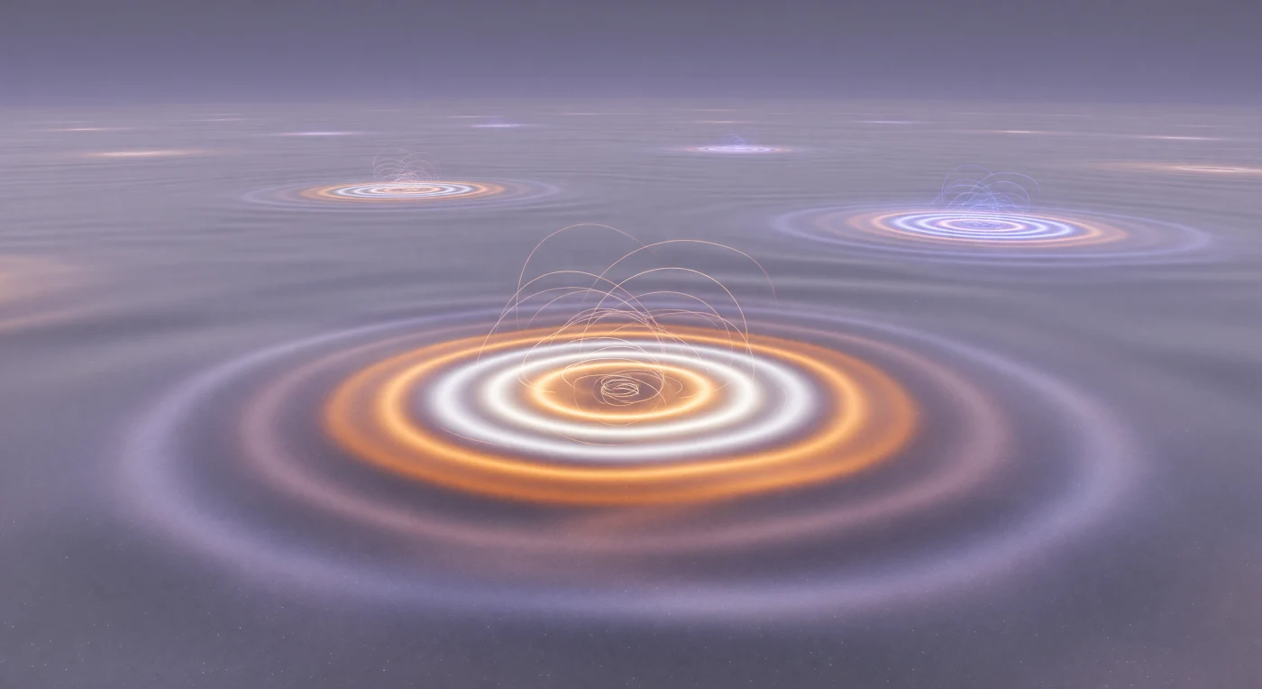 You are suspended within a sea that is not empty — a slowly breathing violet-gray luminescence fills every direction without horizon or floor, the ambient glow of the gluon condensate that constitutes the true ground state of the vacuum, granular and iridescent, pulsing with the faint ripples of virtual pair condensation and field fluctuation. Directly ahead, an instanton storm crests into full violence: a compact spherical eruption of amber and white radial shells, each concentric layer alternating field topology in diminishing intervals inward, the entire structure cycling through slow majestic pulses that send interference fringes of pale lavender and deep indigo radiating outward through the surrounding medium like pressure waves through a luminous ocean. From its mid-shell boundary, extraordinarily fine rose-gold spirals curl inward along logarithmic curves — chiral symmetry streamers, marking the zones where the vacuum's broken symmetry bends quark handedness toward the topological core of a structure that exists for roughly 10⁻²⁴ seconds and yet reshapes the chirality of any quark it engulfs. Across the vast chromodynamic expanse, two anti-instantons drift in cool blue-violet, their inverse topology sending broad interference bands through the condensate between them and the central storm, the whole scene locked in the pressurized silence of a universe whose deepest violence is indistinguishable from its most perfect structure.