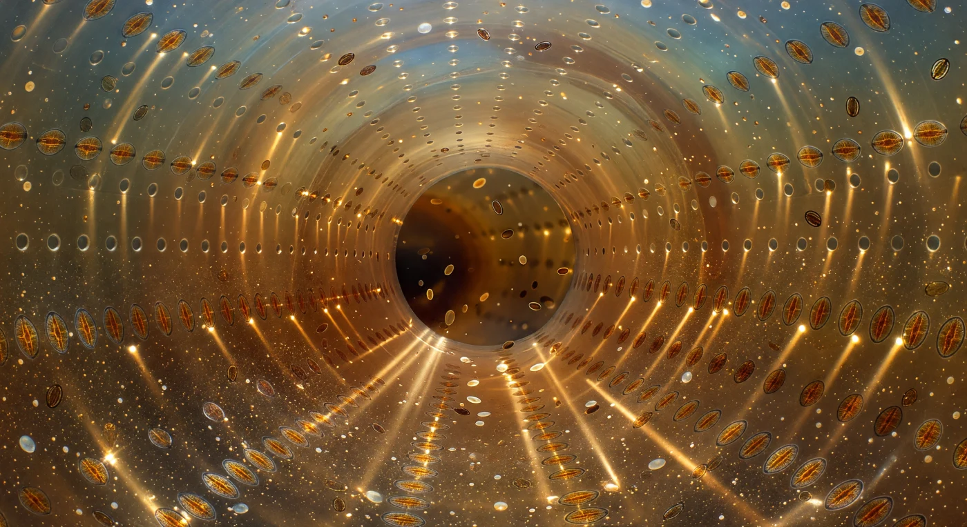 You stand inside the mineral body of a living cell — enclosed within a single chamber of an *Amphistegina lobifera* test, a vaulted cavity of semi-crystalline calcite whose amber-gold walls arch overhead like the interior of a lantern carved from warm honey glass. The walls are perforated by rows of perfectly circular pores, each admitting a needle-thin column of oceanic light that angles across the chamber floor in golden shafts, catching suspended particles in the cytoplasm and making them briefly sparkle as they drift through each beam. Arranged across the chamber floor and mid-space are the diatom symbionts — flattened ellipsoidal cells a few microns long, their deep chocolate-gold chloroplasts ordered in bilateral rows that follow the vault's curvature, their silica frustules returning the pore-light as faint iridescent shimmer along beveled edges, while between them the granular ectoplasm drifts in slow amber suspension, dense with tumbling mitochondria and opalescent lipid droplets. The entire enclosure functions as a photosynthetic nursery: the symbiotic diatoms are sequestered here by the foraminifer, harvested for the sugars their chloroplasts produce under this carefully filtered light, a metabolic partnership sustained within walls of mineral only a few microns thick. Directly ahead, the septal foramen opens as a smooth circular portal cut through the calcite partition — a gravitational focal point drawing the eye into the deeper amber-brown obscurity of the next chamber, the architecture continuing inward through rooms within rooms, each one alive.