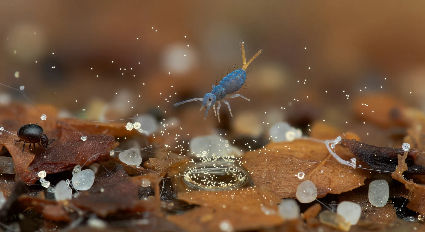 Suspended in the amber dark of the litter layer, an iridescent blue-gray springtail hangs at the precise millisecond of its escape — furcula still extended, body beginning its forward arc, six threadlike legs splayed outward as though startled by their own sudden freedom. The furcula itself, a translucent chitinous fork locked until this instant beneath a catch called the tenaculum, has just delivered its mechanical verdict: a release so fast — completed in under two milliseconds — that it ranks among the most violent accelerations in the biological world, launching a body of barely one milligram across a distance equivalent to a human clearing a twenty-story building. Below, the substrate dissolves into warm bokeh — compressed oak litter in burnt sienna and tobacco brown, pale quartz grains transmitting cool interior light, white mycelial cables strung taut between leaf fragments — and where the springtail's ventral collophore last pressed the surface, a halo of fungal spores drifts outward, each oblate sphere two to five micrometers across, catching the single cool shaft of cellulose-filtered daylight as pale gold motes. At the left edge of frame, barely resolved, a polished mahogany oribatid mite anchors the scene in ecology: these two animals share the same cathedral of decaying matter, one armored and deliberate, the other already gone.