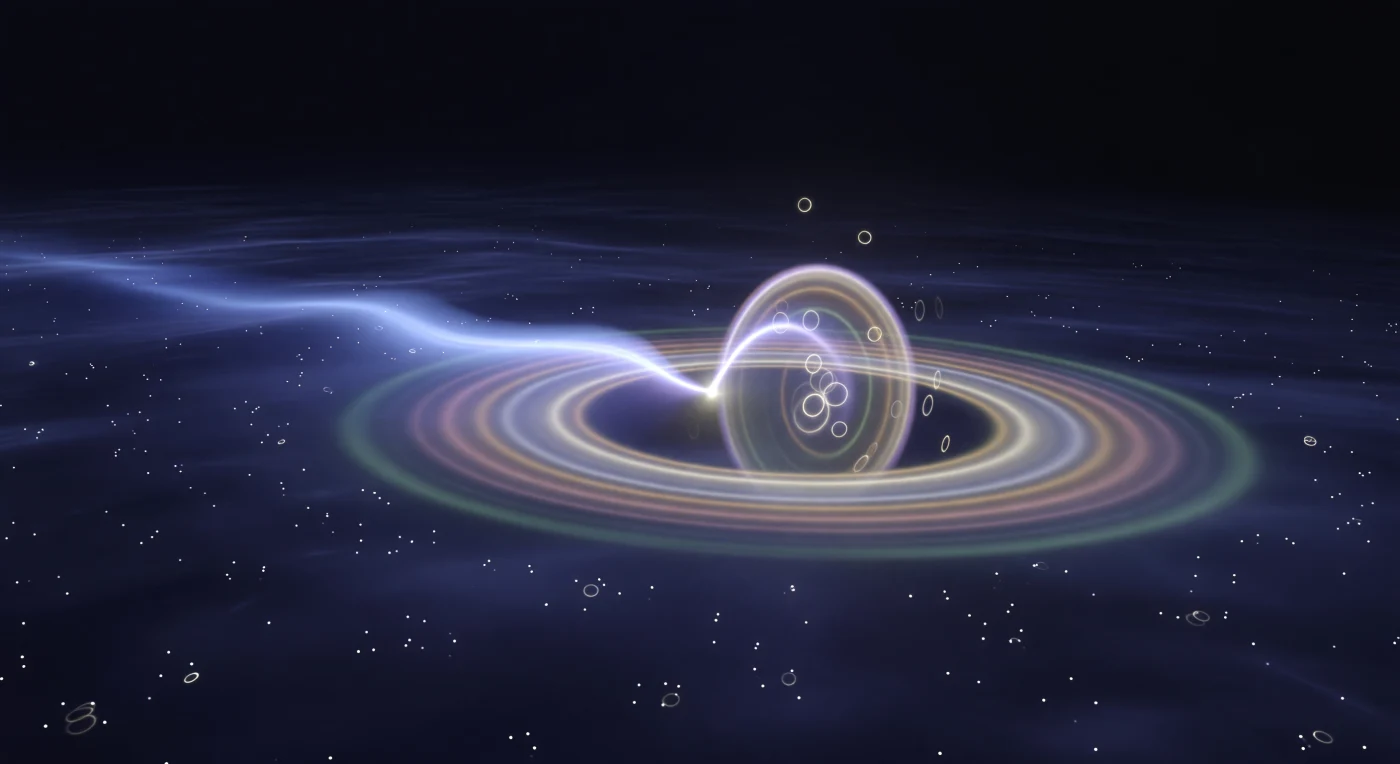 You stand inside a cold, indigo-black vacuum that feels less like empty space than a living medium, faintly flickering with the birth and collapse of virtual pairs. Across the scene, a blue-white electron probability packet streaks like a comet’s edge, then kinks at a sudden white-gold emission vertex where its momentum changes and a photon is released. From that point, concentric electromagnetic rings expand outward in pale warm whites, amber, and rose, each band a visible translation of field oscillations spreading through nothingness. Near the vertex, ghostly translucent loops hint at higher-order quantum corrections, barely perturbing the clean geometry of the main event and making the whole scene feel immense, immediate, and impossibly close.