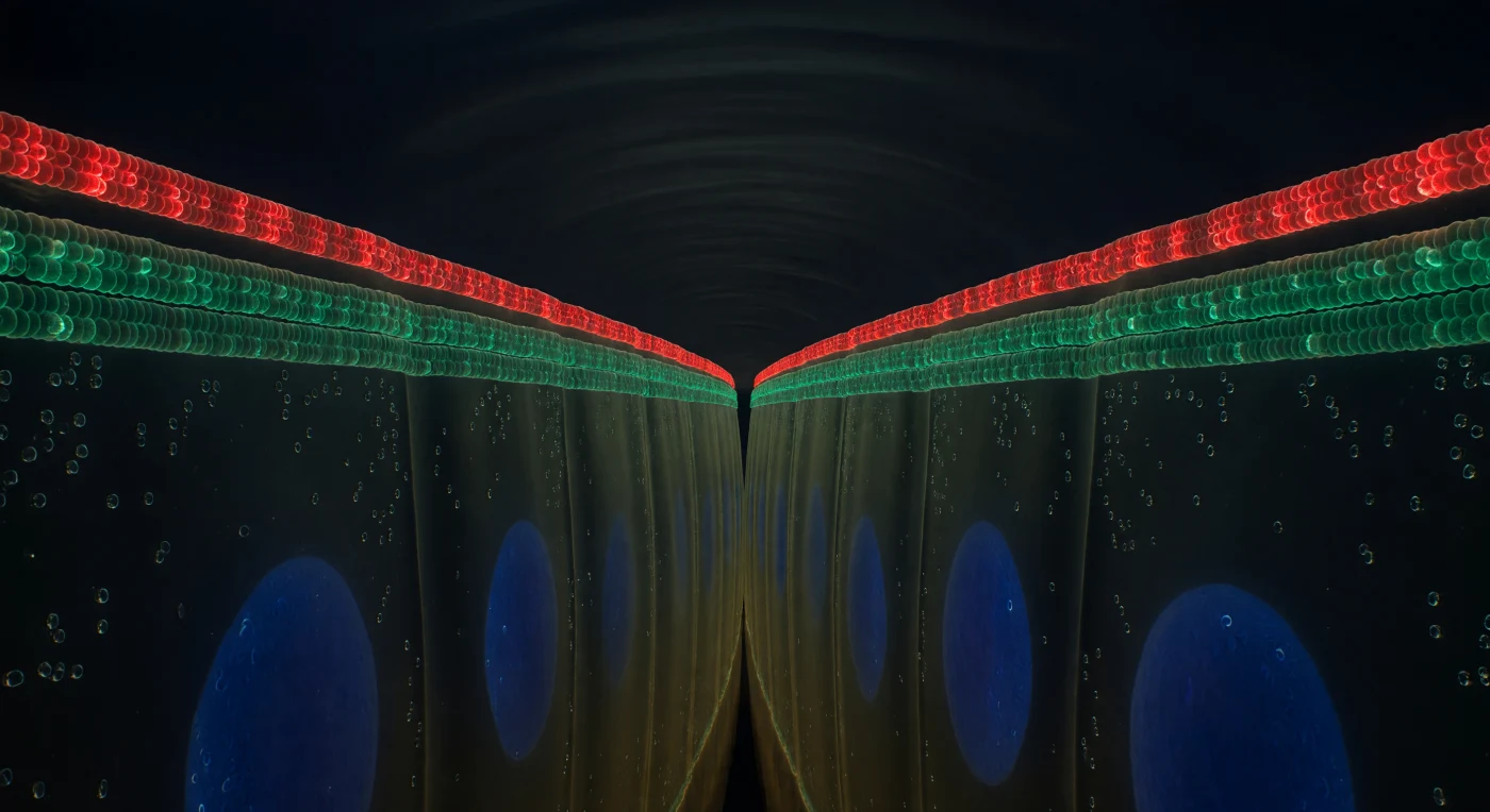 You hover in the narrow aqueous corridor between two immense epithelial walls, pressed nearly flush against one another, their paired membranes running like dark parallel cliffs into the depths below you — a space so confined that the extracellular fluid filling it registers less as a gap than as a faint golden humidity, thickened with glycocalyx sugars and dissolved ions. Girding the full perimeter of this interface at your eye level, a continuous crimson belt of tight junction proteins — claudins, occludins, ZO-1 — forms an unbroken molecular seal, a glowing cinnabar weld fused directly into the bilayers of both cells simultaneously, its slight granularity betraying the crystalline clustering of individual protein complexes repeating along the seal like stitches in living metal. Just below it, a second band resolves in cooler emerald light: the E-cadherin adherens junction, its ectodomains reaching across the 20-nanometer intercellular gap and interlocking like interlaced fingers, mechanically coupling the cytoskeletons of both cells into a single tensile system that coordinates epithelial integrity across the entire tubule circumference. Above you, the tight junction belt marks an absolute boundary — beyond it, the tubule lumen opens without transition into a cavernous black void, its aqueous contents held back entirely by the molecular seal at which you hover — and below you, through semi-opaque cytoplasm radiating diffuse indigo from enormous DAPI-blue nuclei, the cell bodies recede like the deep panels of a stained-glass window seen from within the lead came, the junction proteins themselves the luminous armature holding the living architecture together.