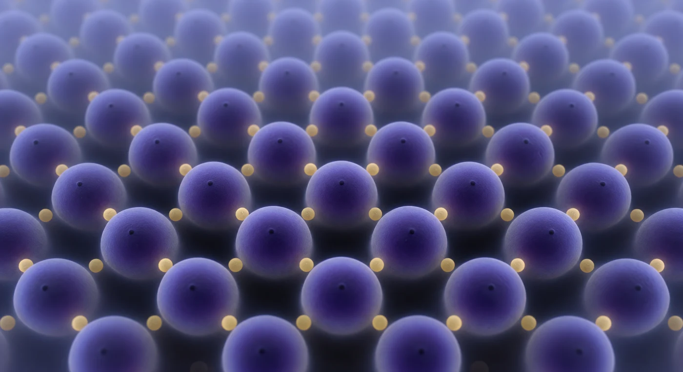 You are suspended at the geometric heart of a sodium chloride crystal, and the world around you is an infinite cathedral of ionic order — immense violet-blue chloride anions crowding every direction, their outer electron-cloud halos swollen to near-contact, diffusing through concentric gradients of lavender and indigo into the surrounding dark like slow luminescent exhalations. Nestled in the octahedral pockets between every six chloride neighbors, sodium cations appear startlingly diminutive by comparison: compact amber-gold spheres whose electron clouds are pulled tight against the nucleus by the electrostatic penalty of having surrendered a valence electron, leaving them geometrically precise and radiant with a subdued honeyed glow. The crystal adopts the rock-salt structure — space group Fm3̄m — in which each ion sits at the center of a perfect octahedron of opposite-charge neighbors, with a lattice parameter of 564 pm and an Na⁺–Cl⁻ interionic distance of roughly 282 pm; the electrostatic attraction binding them is purely Coulombic, with no covalent bridge, which explains the clean dark voids between ions where shared electron density simply does not exist. Deep in every direction the alternating violet-and-amber motif repeats without deviation, blurring at distance into a cold blue-violet mineral haze, the silence of absolute long-range crystallographic order pressing in from all sides as if the lattice itself extends to the edge of the perceivable universe.