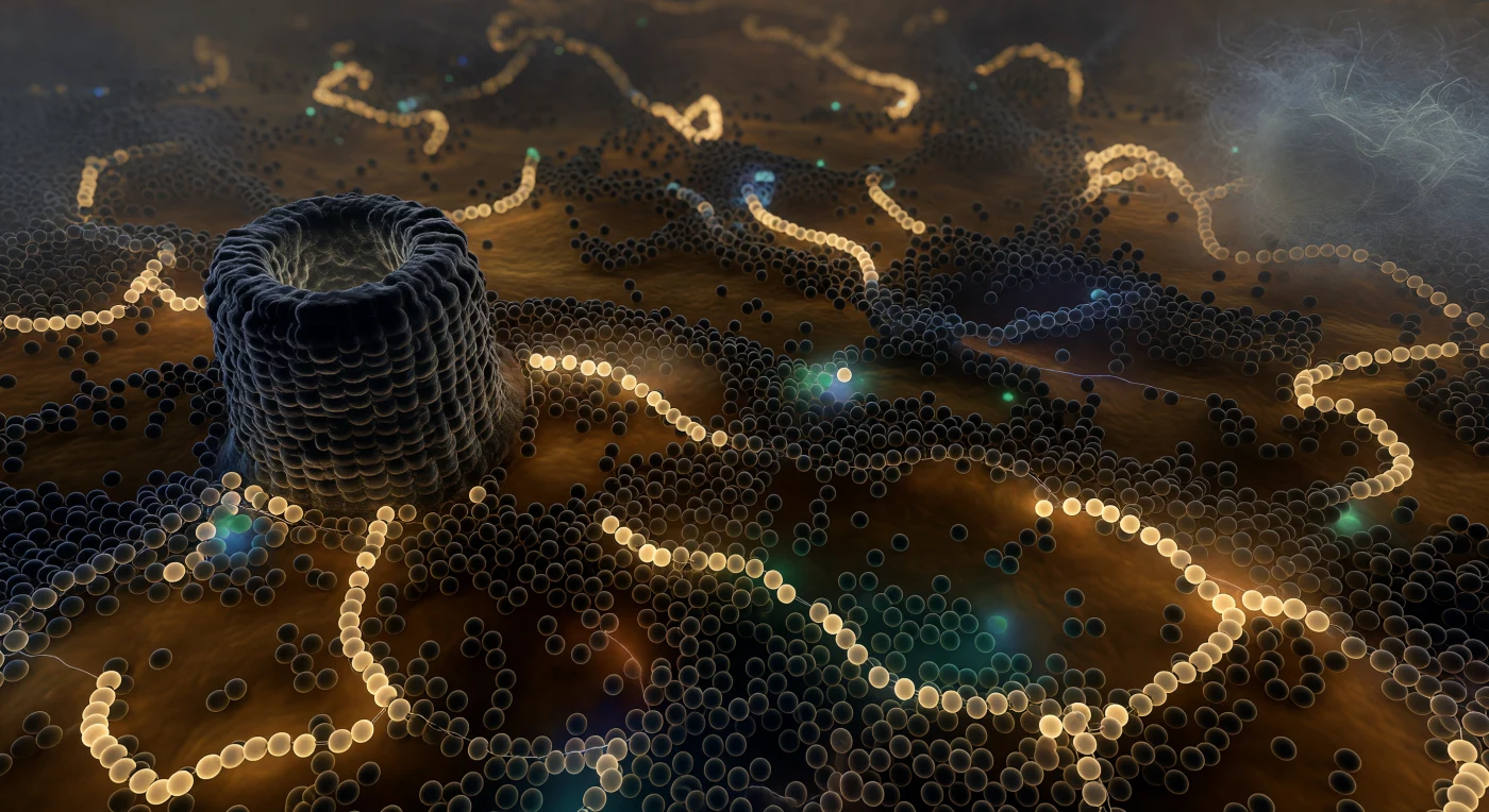 You are submerged inside a living bacterial cell, hovering just beyond the pale fibrous boundary of the nucleoid, and the world around you offers no open space whatsoever — only a warm, amber-resinous gel packed so densely with 70S ribosomes that the gaps between their dark, umber-gray surfaces read less as distance than as mortar between ancient stones, each sphere separated from its neighbor by a mere five to ten nanometers in a medium running at roughly 300 milligrams of protein per milliliter. Threading through this granular press, polysome chains sag across the middle distance like irregular pearl necklaces — six ribosomes strung along barely visible mRNA filaments that glow a faint cream-white before dissolving into deeper brown opacity — actively translating proteins at a rate of fifteen to twenty amino acids per second per ribosome, multiplied across tens of thousands of such machines simultaneously active in this single cell. To the left, a GroEL chaperonin barrel dominates a full quadrant of the scene like a petrified tree stump, its double-ring architecture rendered in deep slate-gray, its hollow central cavity offering a slightly cooler interior where misfolded proteins are sequestered and refolded through ATP-driven conformational cycling. The only color relief in this warm monochrome crush comes from occasional GFP-labeled proteins flaring briefly as small emerald embers before being occluded again by another passing ribosome — transient beacons in a cytoplasm so molecularly crowded that even diffusion is slowed, and the boundary between structured matter and empty solvent has effectively ceased to exist.