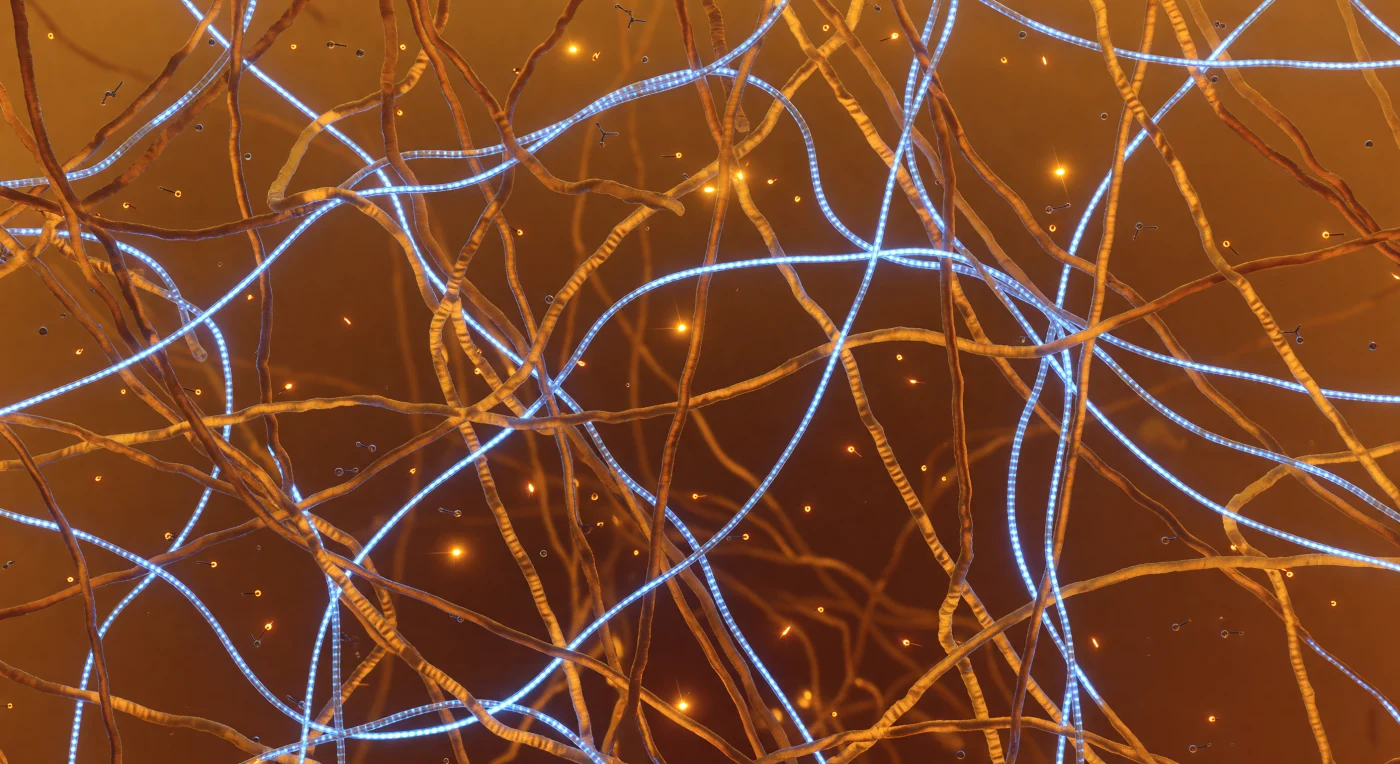 You are standing inside the condensate itself, surrounded on every side by a dense amber lattice of disordered low-complexity domain protein chains — intrinsically unstructured polypeptides that have demixed from the surrounding cytoplasm through liquid-liquid phase separation, concentrating here into a viscoelastic gel-like droplet stabilized not by any membrane but by the collective weight of transient molecular contacts. The cation-π interactions you witness as fleeting amber sparks — tyrosine aromatic rings pressing momentarily against arginine guanidinium groups — are among the primary driving forces that hold this condensate together, each bond lasting only nanoseconds before thermal energy dissolves it and another forms nearby, so that the network is simultaneously permanent at the mesoscale and completely fluid at the molecular scale. Threading through the amber polymer mesh, the RNA strands glow with the structured luminescence of their phosphate backbones and stacked aromatic bases, their 1.5-nanometer diameter making them substantial cables within a mesh that opens only 5 to 15 nanometers between protein strands — pores just wide enough for small metabolites like ATP to diffuse through in pure Brownian motion, without any directed transport, simply carried by the thermal agitation of surrounding water molecules striking them at hundreds of meters per second. The fog that swallows your depth of field within five nanometers is not optical illusion but physical reality: this condensate is so molecularly dense that there is no meaningful "open space," only gradations of polymer concentration and the warm, diffuse luminescence of a living chemical environment where the boundary between structure and solution has deliberately, functionally dissolved.