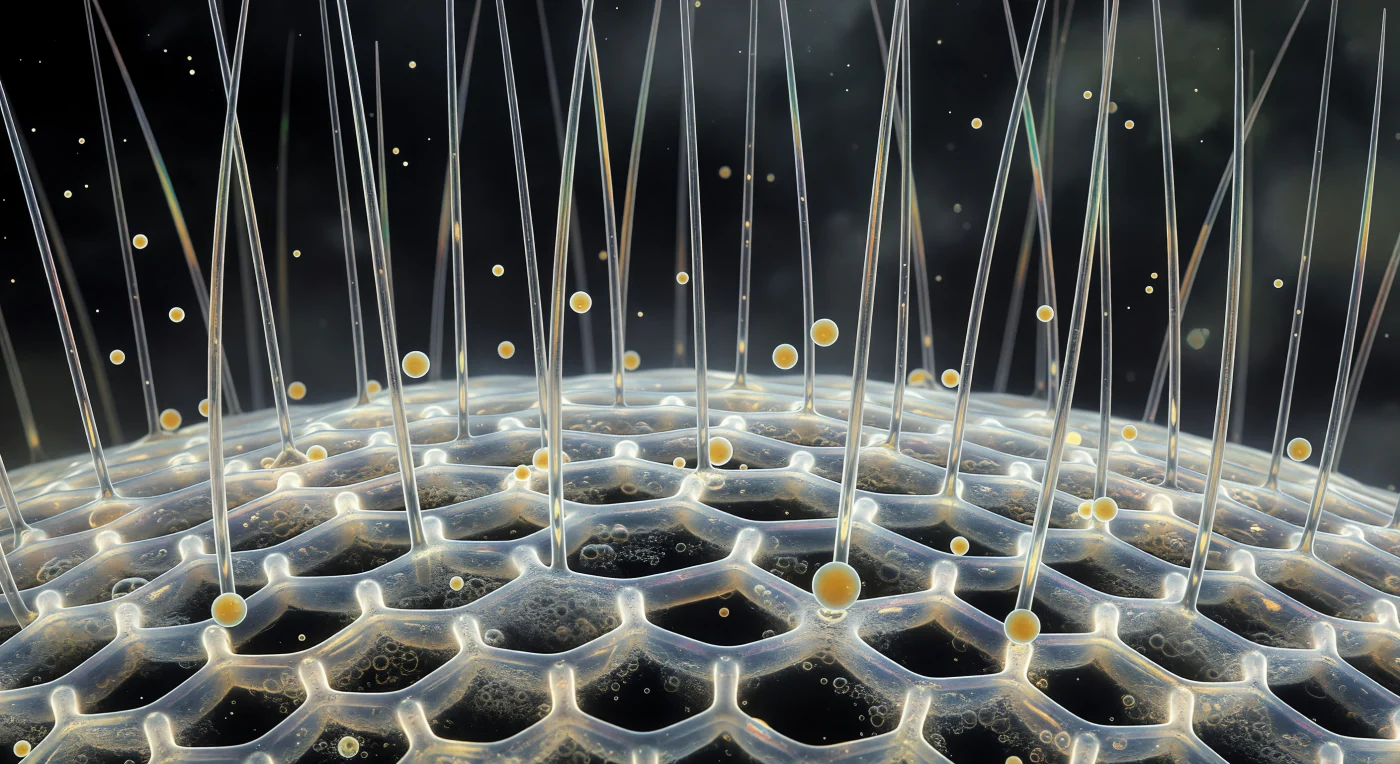 You stand on a mineral world no wider than a human hair, its floor an endless repeating grammar of hexagonal and pentagonal panes — the outer silica lattice of a living Spumellarian radiolarian, each strut where opaline glass thickens glowing faintly amber, each node catching oblique light as a hard silver point above a razor shadow. Through the dark pore-voids beneath your feet, the cell's intracapsular calymma trembles in pale gold: a vacuolated, living foam in constant submicron motion, the metabolic interior of an organism that has been building such lattices, dissolving them back into the sea, and building them again for over half a billion years. Rising from the pore rims and lattice nodes all around you, a dense forest of axopodia climbs into the near-black liquid overhead — each rod a micron-wide bundle of crystalline microtubule arrays wrapped in glassy membrane, its flanks carrying thin interference fringes of teal and amber where DIC illumination splits around its curvature, the whole forest converging toward tips that dissolve into the diffuse haze of protein-laden seawater fifty microns above. Along three of the nearest shafts, amber vacuoles — membrane-wrapped parcels of captured prey — creep steadily inward at one to five microns per second, drawn by cytoplasmic streaming along the microtubule track inside, each one a warm topaz lantern against absolute cold darkness, carrying digested ocean downward into the architecture below.