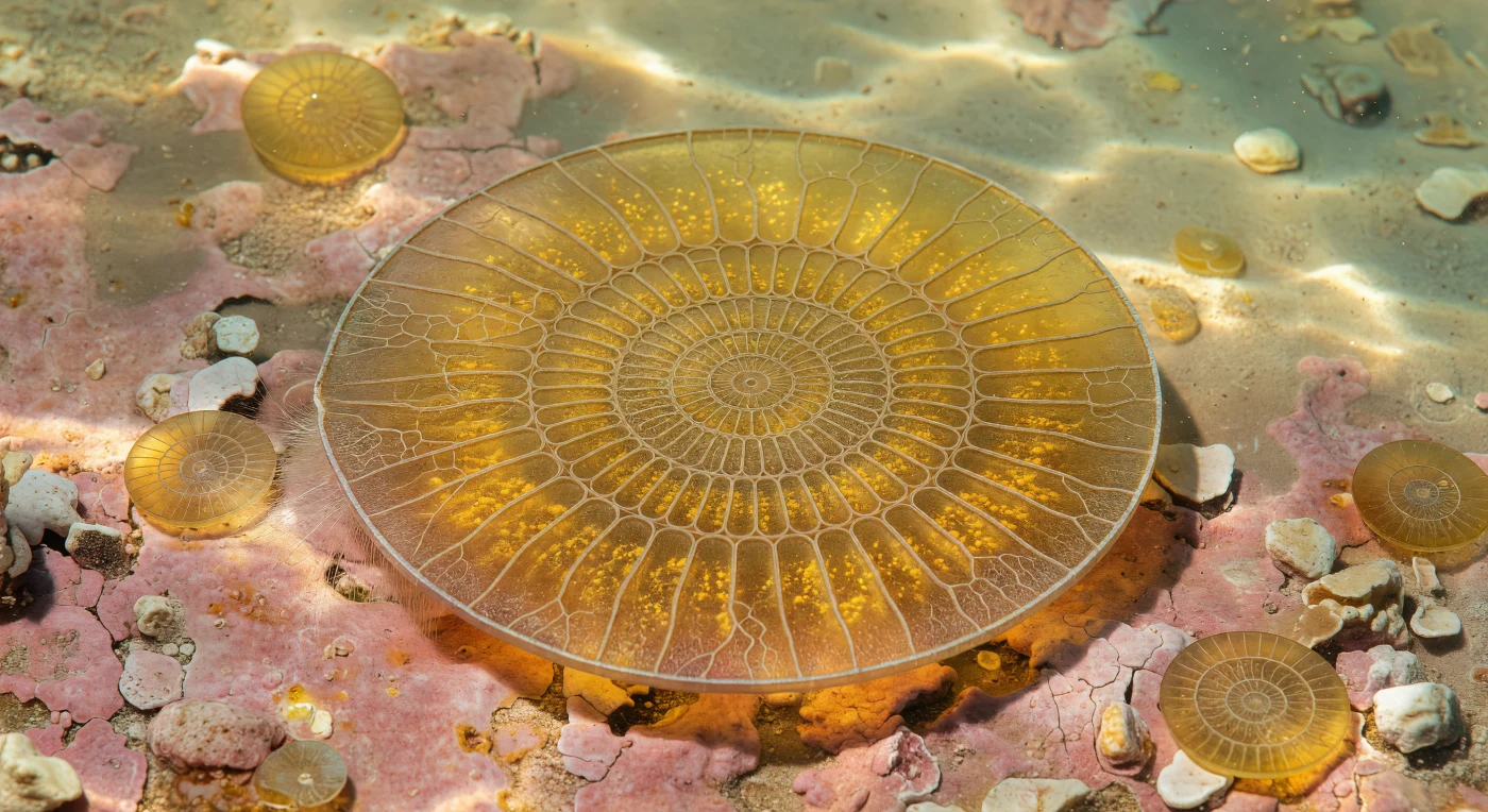 Suspended in the sun-warmed shallows of an Eocene tropical sea, you hover above a seafloor of encrusting pink coralline algae and scattered coral rubble, gazing down at a living *Nummulites gizehensis* whose lenticular disc fills your entire field of view like a burnished golden medallion — a single cell that has secreted a calcite architecture of extraordinary precision, its planispiral chambers accumulating in a logarithmic spiral that traces outward from the central boss as a breathtaking web of pale, slightly raised suture ridges, the whole surface glowing with the warm amber-gold luminescence of densely packed symbiotic dinoflagellates packed into every chamber. The hyaline calcite walls, built from calcite crystals oriented perpendicular to their surface, transmit the shifting caustic light of the water column from above in stained-glass patterns, while the marginal cord traces a crisp equatorial seam around the full circumference of the lens — a structural ridge that marks the outermost extent of a test that, in life, functions simultaneously as skeleton, greenhouse, and fortress. From one edge of the disc, nearly invisible against the bright pink substrate, hair-thin reticulopodial strands extend outward across the algal crust, the living cytoplasmic net through which this single giant cell senses, feeds, and remains anchored to the seafloor of a sea that will not exist for another thirty-four million years. Around the dominant specimen, other amber discs lie tilted and scattered across the mosaic substrate, each one a smaller iteration of the same extraordinary geometric solution to the problem of building a life at the boundary between the mineral and the living.