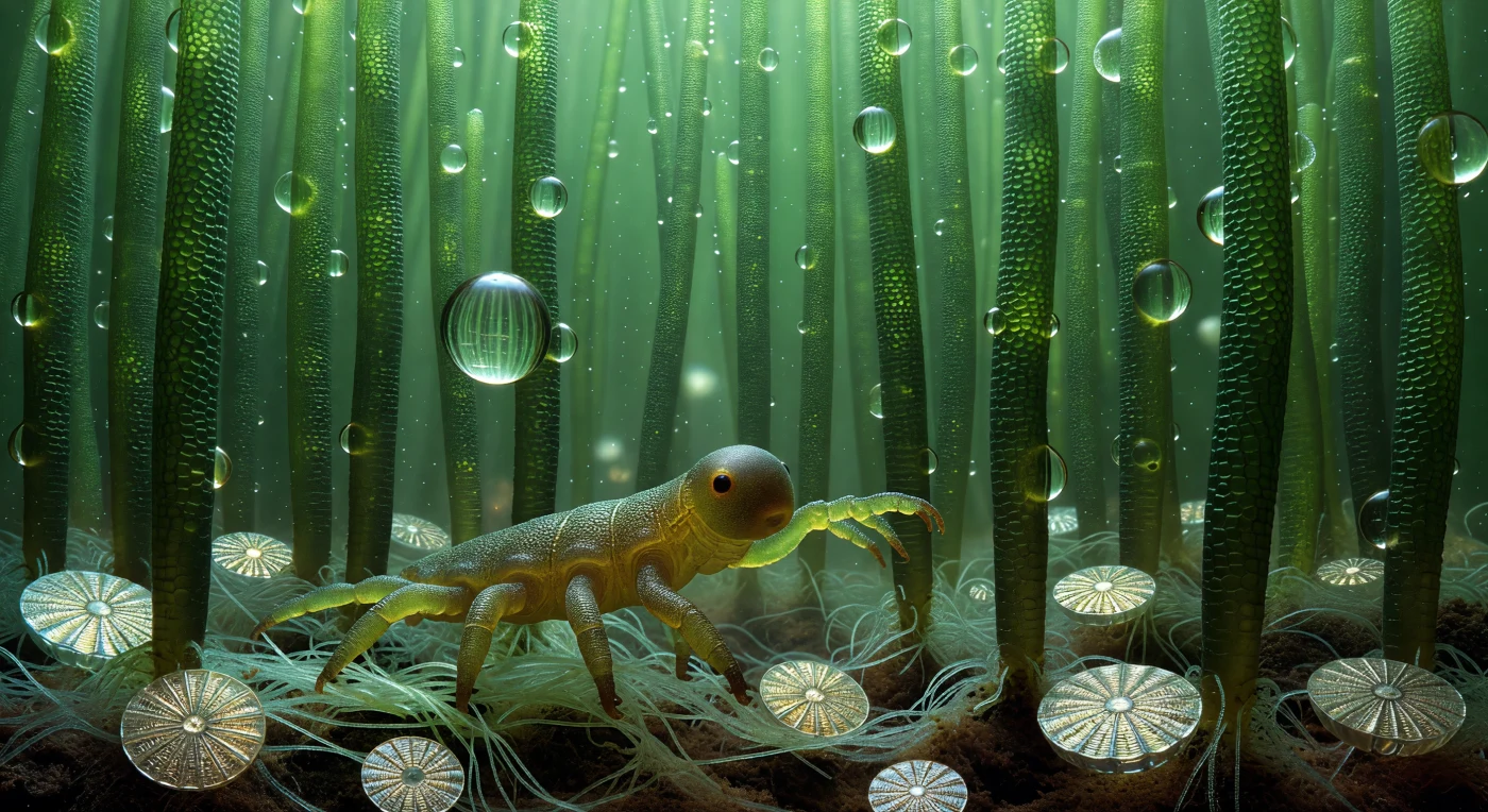 You stand enclosed within a colonnade of *Bryum argenteum* stems rising like jade pillars into a canopy so layered and deep it dissolves into luminous green infinity above — each cylindrical column perhaps ten body-lengths across, its surface resolved into overlapping hexagonal cells whose walls glow translucent emerald under diffuse daylight filtered through stacked leaf after leaf, arriving not as sunlight but as something closer to an underwater glow, ancient and saturated. Between the stems, menisci of surface water hang taut and mercury-bright, curved like optical lenses — at this scale, surface tension dominates gravity entirely, and these water bridges are not droplets but walls, refracting the ambient light into pale prismatic arcs where they contact the cuticle of the stems. Across the rhizoid substrate below, pale threads 2–3 microns thick drape and spiral like anchor ropes of frosted glass, rooted into mineral grains that loom as boulders, while diatom frustules scatter across the sediment as monuments of silicate geometry, their striated pores catching light in cold amber and silver. You move through this space on eight stubby lobopodial legs, clawed pads gripping each rhizoid fiber with deliberate precision, your amber cuticle glowing faintly translucent in the green-shifted light — within you, the pharyngeal bulb is visible as a ghostly interior sphere, a muscular pump evolved to pierce and drain individual plant cells, the fundamental feeding apparatus of an animal that has survived five mass extinctions by retreating, when the world fails, into cryptobiotic stillness.