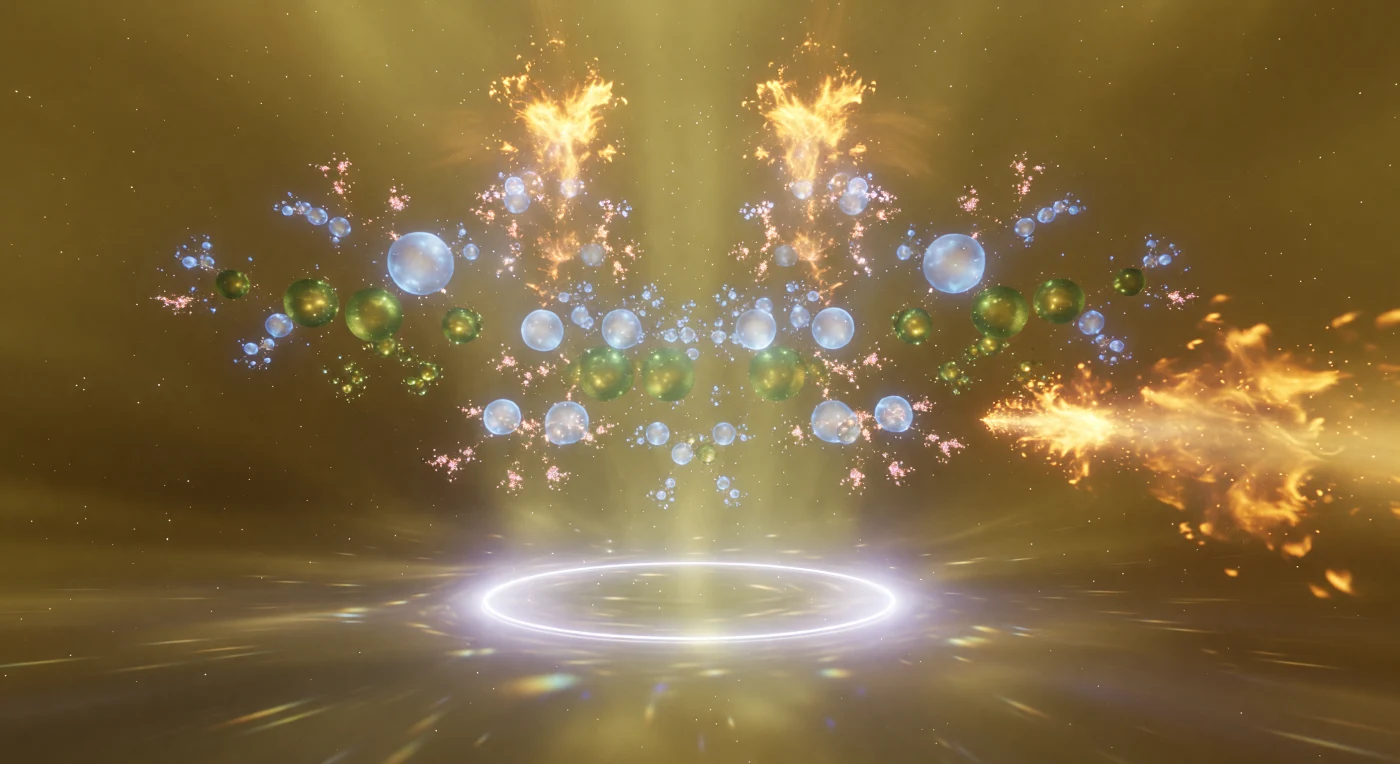 At the moment of hard scattering, the observer stands at the chromodynamic origin and watches a Lorentz-compressed disk of white-silver radiance vanish forward at nearly the speed of light, its passage leaving the surrounding vacuum trembling in an amber-gold haze of unspent color-field energy stretched to the breaking point. This is jet fragmentation: a struck quark carries away enormous momentum, and as the QCD string connecting it to the remnant stretches beyond roughly one femtometer, the tension — approximately 0.18 GeV per femtometer — becomes sufficient to nucleate new quark-antiquark pairs directly from the vacuum, snapping the string and producing a cascade of real hadrons in a self-similar branching tree. Each generation of string-break materializes as a bloom of orange-yellow luminescence that splits again into cooler tiers, with pale-blue pion motes coalescing at the lightest thresholds and heavier green-gold kaon nodes condensing more slowly among them, the entire collimated structure fanning forward within a narrow cone whose geometry is defined by the original quark's momentum. To one side, a broader amber sub-jet flares wide and coarse where a hard gluon was radiated before hadronisation began, redistributing field energy into a secondary branch that makes the whole luminous tree asymmetric — a visible record of a single quantum interaction whose entire duration, from the first string-stretch to the last particle materializing from the foam, lasted mere femtoseconds of strong-force time.