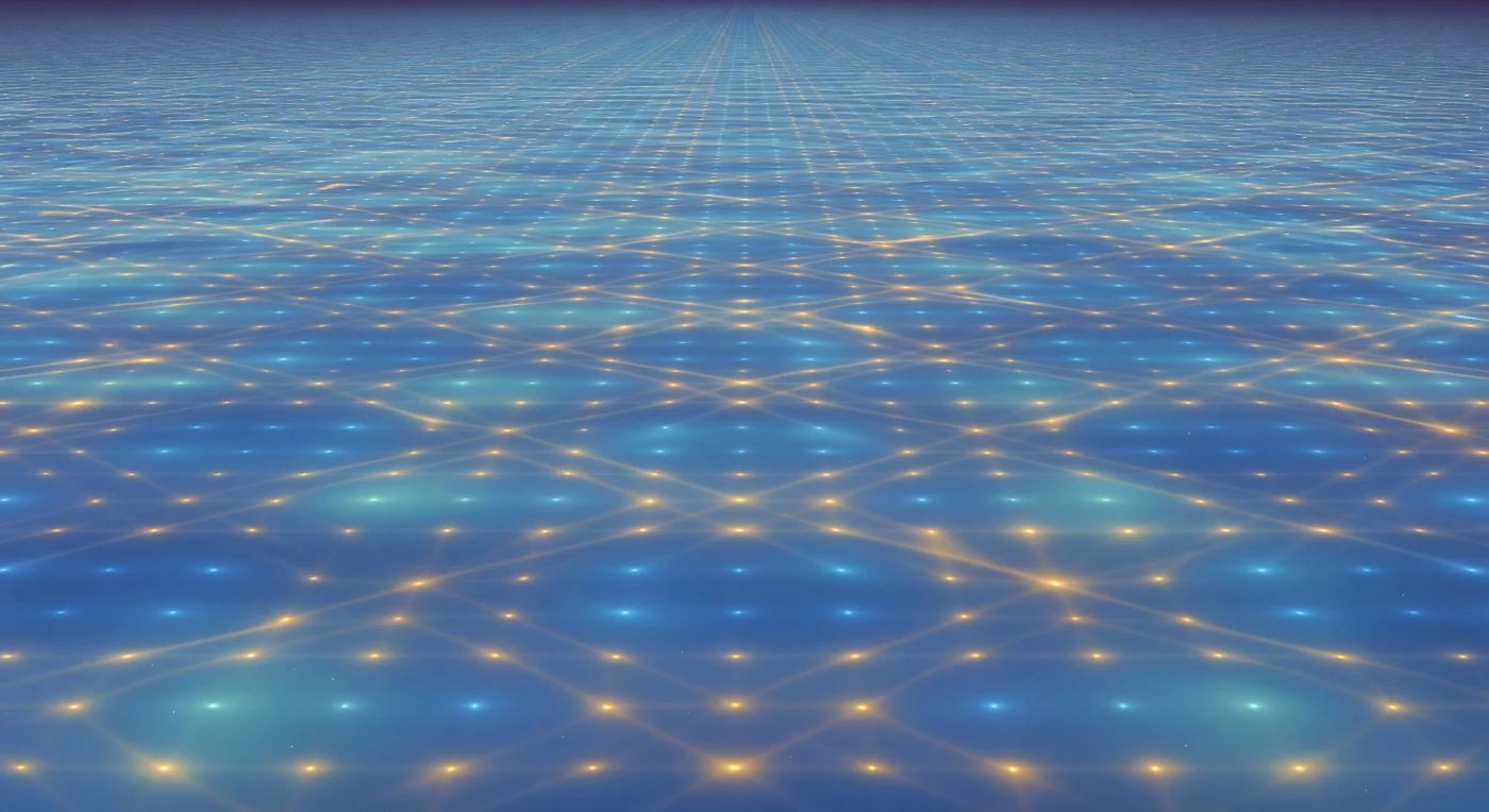 The view from within this place offers no horizon in any ordinary sense — only an unbroken expanse of self-luminous sapphire fluid extending equally in every direction, glowing not because light falls upon it from outside but because coherence itself is the source, the medium, and the message. This is the BCS condensate: billions upon billions of electrons paired by lattice phonons into Cooper pairs, surrendering their individual quantum identities to participate in a single macroscopic wavefunction that spans the entire niobium crystal without interruption or decay. The slow color drift overhead — cobalt deepening through aquamarine into indigo — is not an optical trick but the visible signature of a global phase, the same quantum phase rotating uniformly across distances measured in coherence lengths, each spanning hundreds of nanometers yet feeling here like continental shelves of pure probability. Embedded in the luminous blue, the ionic lattice announces itself as warm amber-gold nodes pulsing with phonon vibrations — the very vibrations responsible for mediating the attractive interaction between paired electrons, those gentle sinusoidal compressions threading through the scaffold like a slow mechanical breath that paradoxically sustains rather than disrupts the coherent sea around them. Nothing flows here with friction; nothing scatters, nothing dissipates — the condensate accommodates the lattice's heartbeat and closes around it without a ripple, a state of quantum matter so profoundly ordered that resistance, in any classical sense, has ceased to be a meaningful concept.