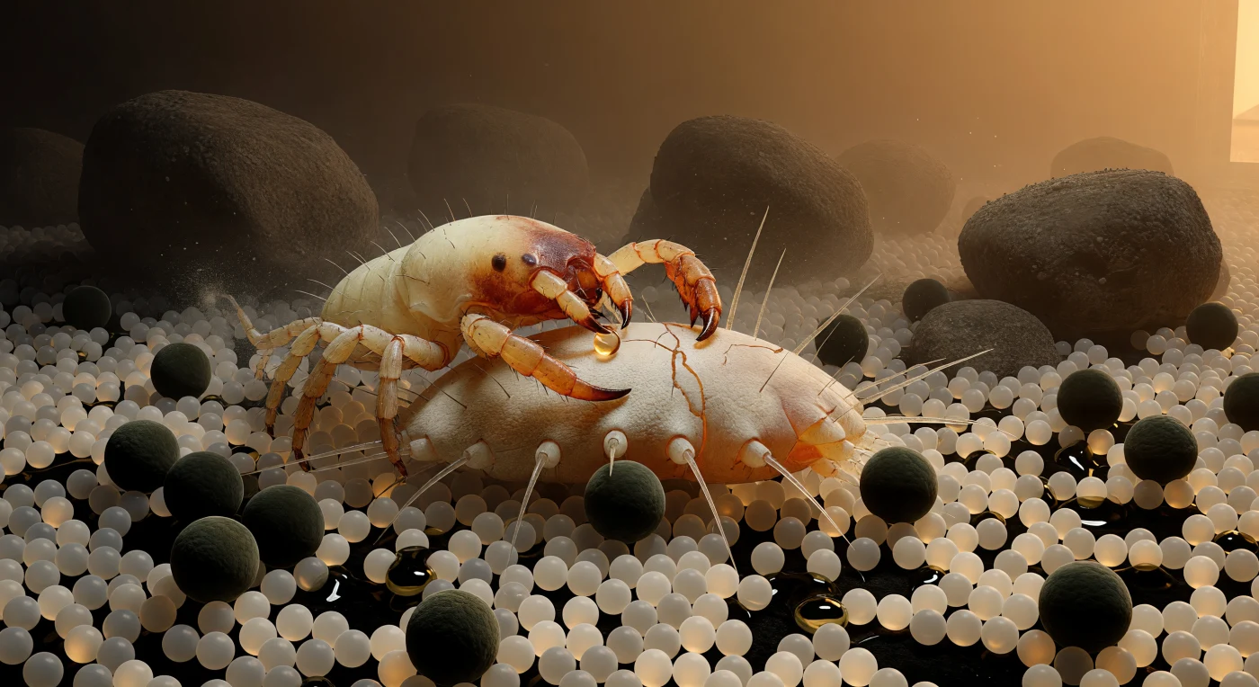 At the moment captured here, a *Cheyletus* predatory mite — cream and rust-colored, built like siege machinery — has locked its oversized palpal claws around a much softer grain mite (*Acarus* or kin), cheliceral stylets already driven through the yielding cuticle in a predation strike lasting perhaps 100 to 200 milliseconds in real time. The prey's granular integument dimples and splits under compression, its long dorsal setae pressed sideways or still trembling upright against the backlight, while a bead of digestive fluid gleams at the cheliceral tips — *Cheyletus* practices extra-oral digestion, liquefying the prey's contents before ingestion, a strategy common across predatory prostigmatan mites. The floor on which this arrest takes place is a dense mosaic of 25-micrometer starch spheres, each one a near-translucent globe that to these animals is a boulder requiring navigation, separated by black inter-particle crevices where capillary water films form curved menisci bridging contact zones — geometry that at this scale behaves as barrier, highway, and feeding arena simultaneously. Scattered among the starch field, *Aspergillus* spores the size of large marbles sit wedged between substrate particles, their olive-black ridged surfaces catching one hemisphere of warm light, their presence a reminder that the same grain-store microhabitat supporting this predator-prey encounter is simultaneously a fungal ecosystem operating on a parallel, overlapping scale. Everything here — cuticle failure, fluid transfer, spore adhesion, water-film architecture — is governed not by gravity but by surface tension, capillary force, and Van der Waals adhesion, the true physics of a world measured in fractions of a millimeter.