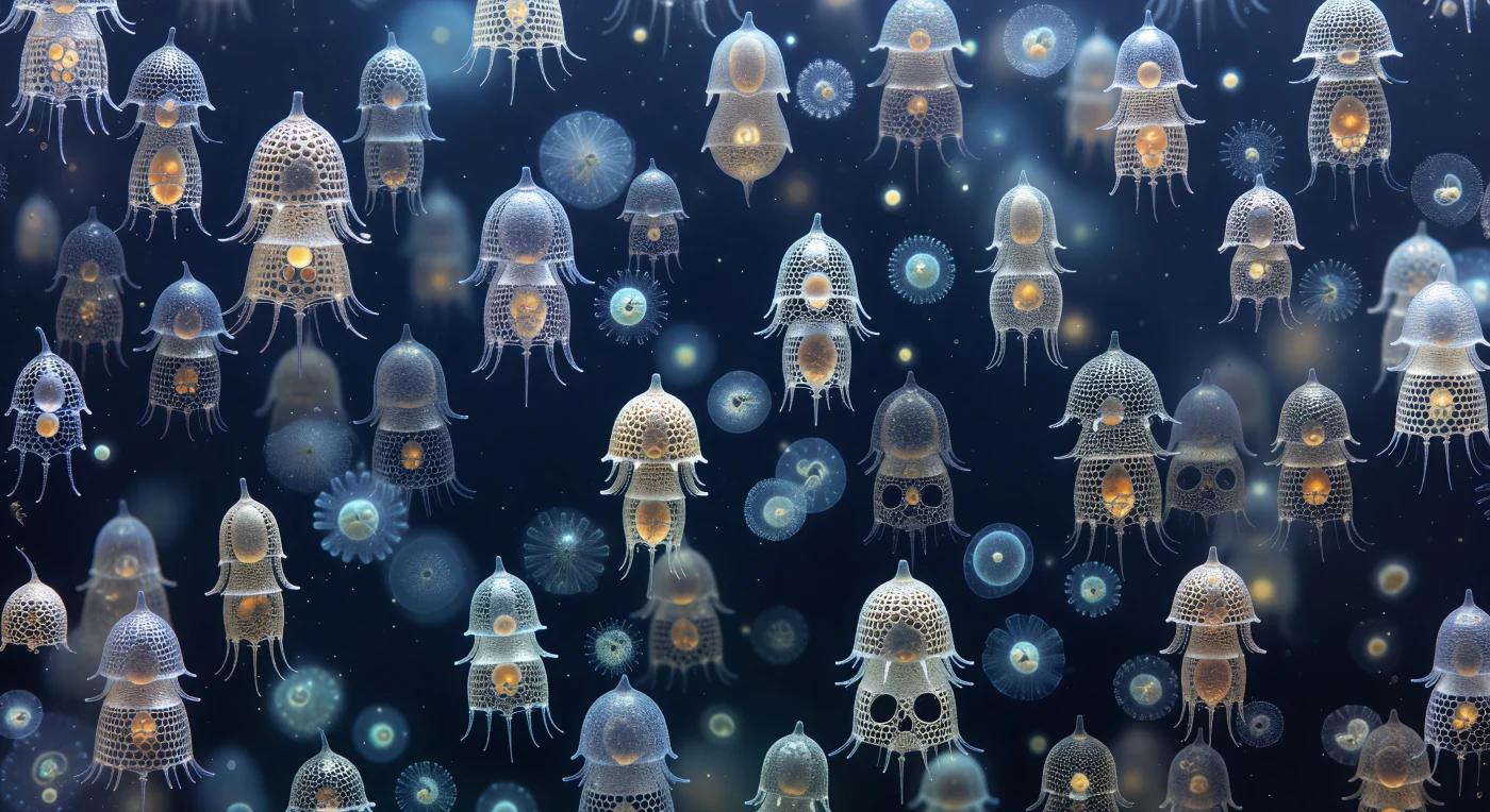 You are suspended in a column of water so cold it registers in the body as pressure rather than temperature, and around you, in every direction, the mesopelagic zone is conducting its quiet architecture. Nassellarian tests descend on all sides — conical helmets, stacked pagoda-chambers, elongated multi-segmented forms between one hundred and four hundred micrometers across — their amorphous opal silica lattices catching the last attenuated photons from the surface world and breaking them into cold blue-grey glints along every pore-edge and radial bar, each skeleton a cathedral of spun mineral that took its occupant days to deposit one silica vesicle at a time. Where cells still live, amber and tawny cytoplasm presses warm against the inner lattice walls, leaking through hexagonal pore-arrays as faint biological light — stained-glass lanterns adrift in near-total darkness — while the many empty tests beside them read as pale silver-grey, their hollow chambers open to seawater, cold and eyeless. Between these sinking forms, marine snow flocs — transparent aggregates of shed mucus, dead organic matter, and released radiolarian cytoplasm — drift in slow spiral paths through the deep indigo water column, occasionally snagging on a protruding silica spine before releasing, their semi-luminous surfaces catching ambient bioluminescence from somewhere unseen and passing it along as a diffuse pearlescent shimmer. This is the biological pump made visible: each test that sinks carries sequestered silica and organic carbon toward the abyssal floor, a millimeter-scale freight contributing to the planetary-scale transfer of matter from the sunlit ocean surface to the sediment record below, where after tens of millions of years it will compress into radiolarite and re-enter the geochemical cycle of the Earth.