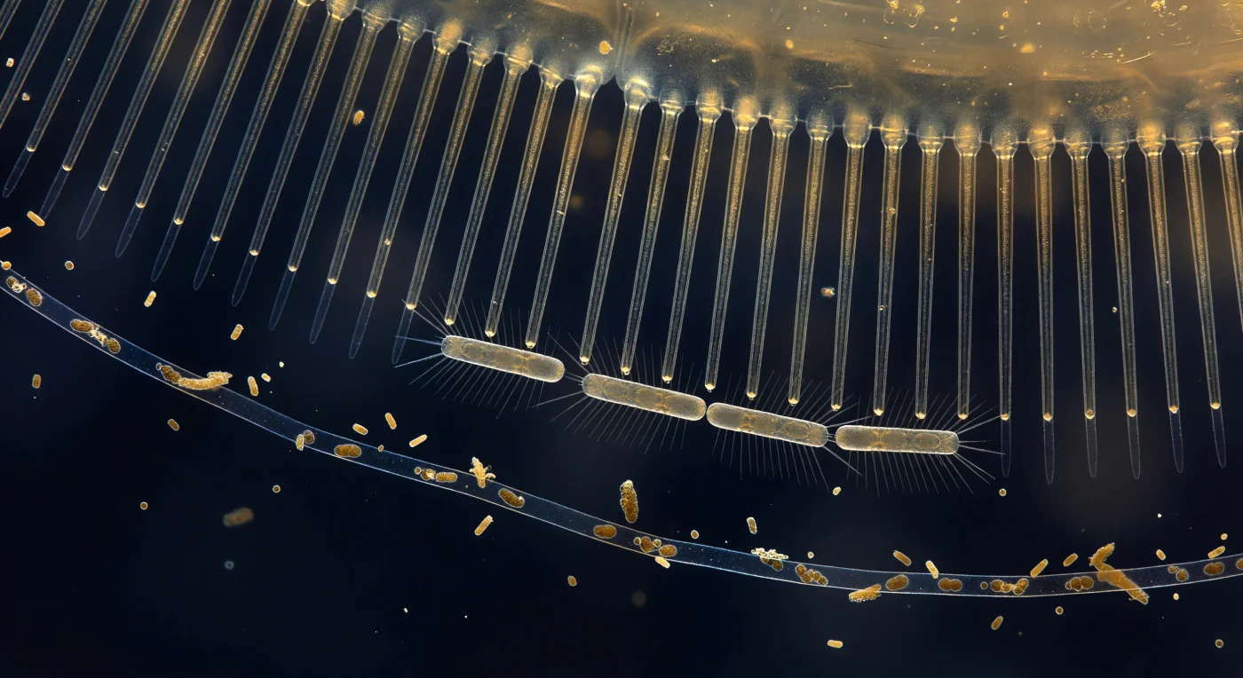 You are suspended at the outermost margin of a feeding vortex generated by the rhythmic beating of a copepod's maxillary appendages, a current so precisely engineered that the surrounding water bends into laminar arcs converging on a mouth you cannot yet see. Before you, filling every plane of your visual field, rises the setal comb of *Temora longicornis* — ranks of chitinous filaments two to five microns in diameter, each one geometrically spaced from its neighbor to form apertures calibrated at the micron scale, wide enough to pass dissolved molecules freely while retaining phytoplankton cells, the whole lattice transmitting diffuse blue-black ambient light through its semi-transparent walls until each filament glows like amber fiber-optic glass, self-luminous and warm against the absolute cobalt darkness behind it. Caught mid-passage between two adjacent setae, a *Chaetoceros* chain — three silica-walled diatom cells in series, their lateral glass spines still projecting outside the comb, the structure bowed slightly under hydrodynamic pressure — records the precise instant when biological predation operates at the threshold between fluid dynamics and solid contact, the copepod's appendage musculature pulsing with slow contractile waves visible as traveling shadows behind the amber glow. Around you, diatom frustule fragments and collapsed dinoflagellate husks drift on identical arcing trajectories, fellow particles in a flow field that at this Reynolds number feels less like water than like a medium with memory, directing everything it carries toward a single predetermined destination.