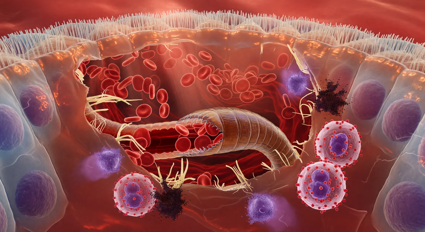 You are suspended inside a living wound — a cathedral of torn tissue suffused with warm, rust-red light filtering through the translucent walls of an intestinal villus, every surface curved, slick, and radiating biological heat. Above you, the brush border of columnar epithelial cells forms an undulating cobblestone vault: each microvillus a tightly packed translucent bristle, the cells beneath them towering cylinders of pale cytoplasm with violet nuclei hovering in their basal thirds like lanterns behind frosted glass, the whole canopy refracting the ambient glow into honeyed, wet striations. At the center of the scene, a hookworm's hardened buccal capsule — amber-brown, ridged, its cutting plates glassy-edged and pressed deep into the submucosa — has opened the tissue like a siege engine breaching soft architecture, shredded collagen fibers splaying outward in pale cream-yellow frays while biconvex red blood cells pour from ruptured capillaries in slow, laminar streams, each disc translucent and stained-glass scarlet, tumbling in currents toward the worm's open mouth and drawn inward by a steady peristaltic pulse visible through the iridescent, annulated cuticle as a dark arterial column moving through the worm's own gut. At the wound margin, the immune response erupts as a weather event: eosinophils crowd the torn edge, their salmon-red granules vibrating with contained chemistry against bilobed violet nuclei, while mast cells detonate in slow purple-black billows — granule clouds dispersing through the extracellular fluid in feathering plumes that scatter transmitted light into violet halos, the whole fluid-filled cavity pressurized and warm, a body responding in every chemical register to a parasite feeding quietly in its interior.