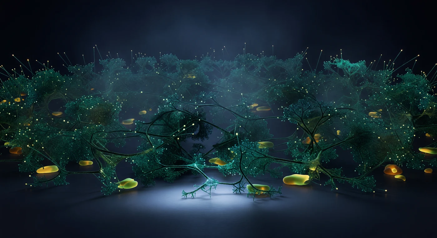 You stand at the outermost frontier of a living cell, suspended at the advancing tip of a lamellipodium where individual actin filaments — each just seven nanometers thick — branch from Arp2/3 complexes at precise seventy-degree angles, building a fractal canopy of electric teal and cold jade that radiates inward like an endlessly repeating coral reef frozen in the act of growing. Beneath you, the substrate is illuminated only by an evanescent wave penetrating a few hundred nanometers upward, a cold TIRF glow that catches the warm amber halos of focal adhesion plaques — molecular anchor complexes the size of boulders from this vantage, their integrin-rich surfaces bridging the extracellular matrix to the cytoskeletal machinery driving the whole cell forward. The actin network is not random but exquisitely regulated: Arp2/3 branching, capping proteins, and cofilin-mediated severing balance polymerization at the leading edge against disassembly further inward, generating the protrusive force that pushes membrane against resistance through nothing more than the chemistry of monomer addition. To either side, filopodial bundles — parallel actin arrays distinct from the branched lamellipodial mesh — project outward into the extracellular void like luminous antennae, their tips sensing substrate chemistry and topography in real time. Everything here trembles with thermal energy, macromolecular crowding thickens the medium to a dense gel, and the branching architecture continues inward layer behind layer until density alone swallows the light.