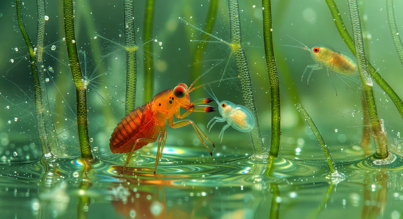 Suspended in water so clear it reads as pure green-tinted glass, we hover at the exact scale of the drama unfolding before us — a world where a single millimeter contains predator, prey, and the full architecture of ambush. *Mesocyclops leuckarti*, compact and amber-orange as polished amber, fills the frame mid-lunge, its single garnet eye blazing with arrested intensity, its raptorial maxillipeds already in contact with a nauplius larva whose transparent body shows the first dimple of compression, the tissue membrane yielding visibly to chitin-driven force. Cyclopoid copepods are among the most efficient ambush predators at this scale, operating in a low-Reynolds-number regime where water resists sudden movement like a viscous medium, yet their strikes accelerate in milliseconds to velocities that rank among the fastest mass-specific accelerations in the animal kingdom — the fluid mechanics propagating outward here not as sharp turbulence but as thick concentric pressure rings that warp the refractive index of the water itself, bending the background into subtle iridescent lenses. Behind the combatants, macrophyte stems rise as living columns of chlorophyll-green glass, their stacked parenchyma cells filtering diffuse surface light into an omnidirectional jade radiance that illuminates every seta and egg sac without casting hard shadow, while in the upper-right distance a second nauplius has already fired its escape response — antennal appendages swept back in a power stroke, single eye blazing orange against the green depth — a reminder that in this inhabited interior, survival is measured in fractions of a millisecond.