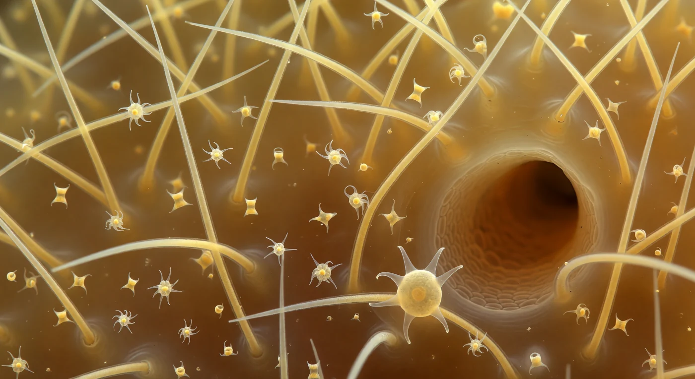 You drift suspended inside a living architecture that dwarfs all sense of normal proportion — the interior of a demosponge mesohyl at a scale where dust becomes cosmos, where the gelatinous matrix around you glows like backlit honey and every direction presents a new corridor of glass. The dominant structures are oxea megascleres, biogenic silica needles secreted by specialized sclerocytes, each tapered to both ends and semi-transparent, their curved lengths blazing with specular highlights as diffracted amber light moves through the gel medium — a colloidal hydrogel of proteins, proteoglycans, and mobile cells that constitutes the sponge's functional extracellular body. Threaded between spicule bases, spongin fibers — composite organic cables of a collagen-like protein unique to demosponges — form the tensile scaffold that binds this skeleton into mechanical coherence, while sigma microscleres and chelae rotating freely in the gel represent a secondary spicular armament whose exact role in structural reinforcement or predator deterrence remains an active subject of inquiry. The dark canal tunnel receding through the mid-ground is a fundamental unit of sponge hydraulic anatomy, a channel through which flagellum-driven current will eventually pass from incurrent ostia to the osculum, sustaining a filtration rate that can exceed the sponge's own body volume twenty thousand times over in a single day. On one foreground spicule, a single archaeocyte grips with extended pseudopods — this totipotent migratory cell capable of differentiating into virtually any sponge cell type, patrolling the mesohyl and embodying, in miniature, the distributed cellular intelligence of an animal without nerves, muscles, or organs.