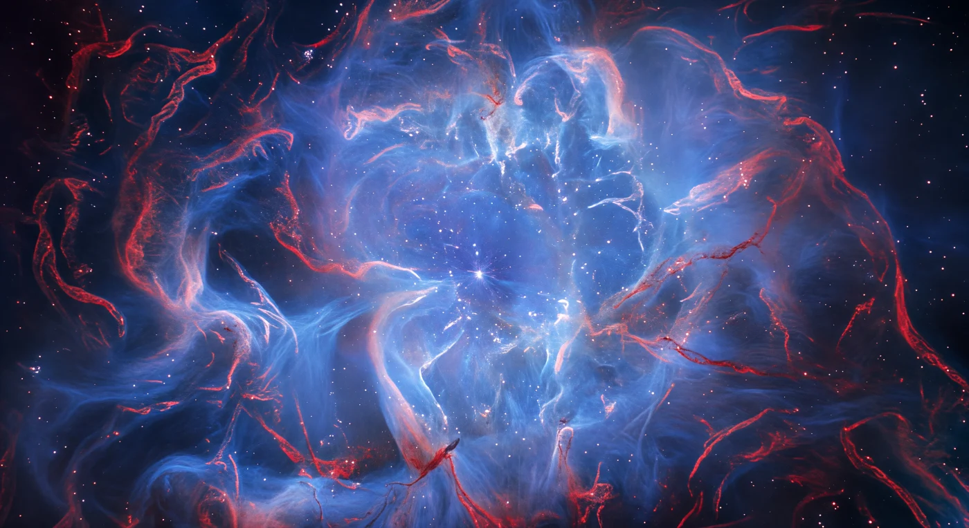 You are suspended inside the Crab Nebula's synchrotron interior, and in every direction the universe has become its own light source — a cold, omnidirectional electric blue that casts no shadows, born not from any star but from relativistic electrons wrung to near-light speed by the amplified magnetic field of a dead stellar core, emitting synchrotron radiation across the full visual spectrum in volumetric gradients that swell and dim like breathing. Threading through this blue immensity in every plane of space, a baroque network of crimson and scarlet filaments ropes and braids and knots into structures that resemble torn biological tissue under tension — these are the actual outer layers of a star that exploded in 1054 CE, still traveling outward at thousands of kilometers per second yet appearing geological in their stillness, their interiors dense with neutral hydrogen, their edges lit in Hα recombination red where ionized gas perpetually reassembles itself. At the precise center of the scene, a point of light pulses with a rapid stroboscopic flicker — the Crab Pulsar, a neutron star roughly the diameter of a city compressed to nuclear density, sweeping twin beams of hard radiation across the nebula interior thirty times per second, each heartbeat sending a subtle ripple of brightening through the surrounding synchrotron haze that washes briefly over the nearest filaments before fading back into the cold blue baseline. Two entirely different physical processes — magnetic synchrotron emission and thermal recombination — occupy the same eleven-light-year volume of space without ever mixing, interpenetrating in absolute contrast: the cold physics of relativity threaded through the warm, biological-looking wreckage of a star's final scream.