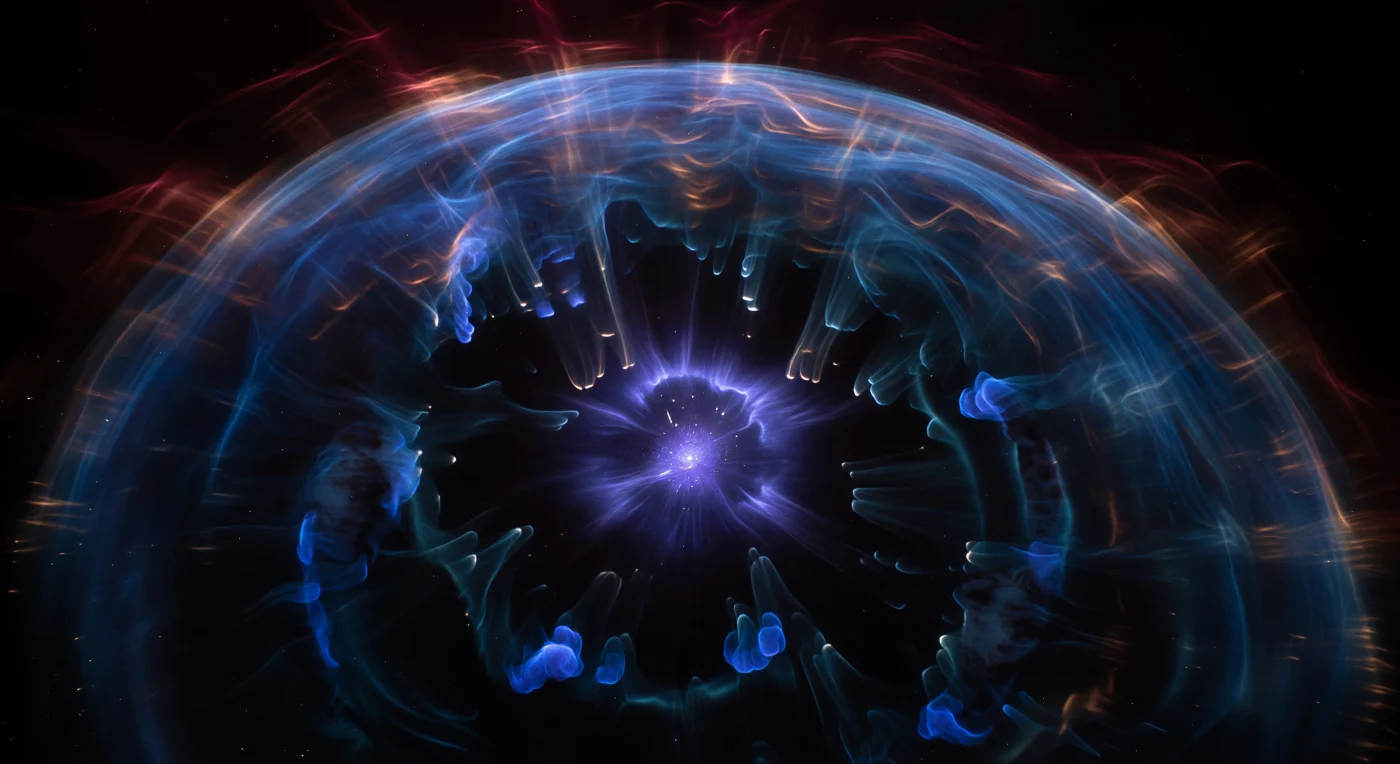 At the center of everything burns a point of blue-violet fire so concentrated it defies the eye's attempt to resolve it — a Wolf-Rayet star radiating at roughly 80,000 Kelvin, its surface temperature alone sufficient to flood the surrounding cavity with hard ultraviolet photons that strip electrons from oxygen atoms and force them into the quantum states responsible for that extraordinary cobalt-teal glow arcing across the entire upper field of view. The space between observer and star is not truly empty: it seethes with plasma heated to ten million Kelvin by the star's wind — a continuous outflow moving at two thousand kilometers per second that has physically excavated this cavity over tens of thousands of years, sweeping surrounding interstellar gas into the compressed shell now visible as layered luminous curtains overhead. That shell's inner face is alive with Rayleigh-Taylor instability fingers, columns of denser material caught in the act of sinking back inward through the lighter hot plasma beneath them, each one rim-lit in pale blue-white where the stellar radiation catches its edge while its interior holds a deeper teal, giving the whole structure the carved solidity of a vaulted ceiling made of gas thinner than any vacuum achievable on Earth. At the bubble's outermost boundary, a diffuse crimson ring of hydrogen-alpha emission marks where the forward shock is still pressing outward into undisturbed interstellar space, the entire panorama spanning light-years of ionized architecture held in dynamic tension between a single star's fury and the inertia of the galaxy around it.