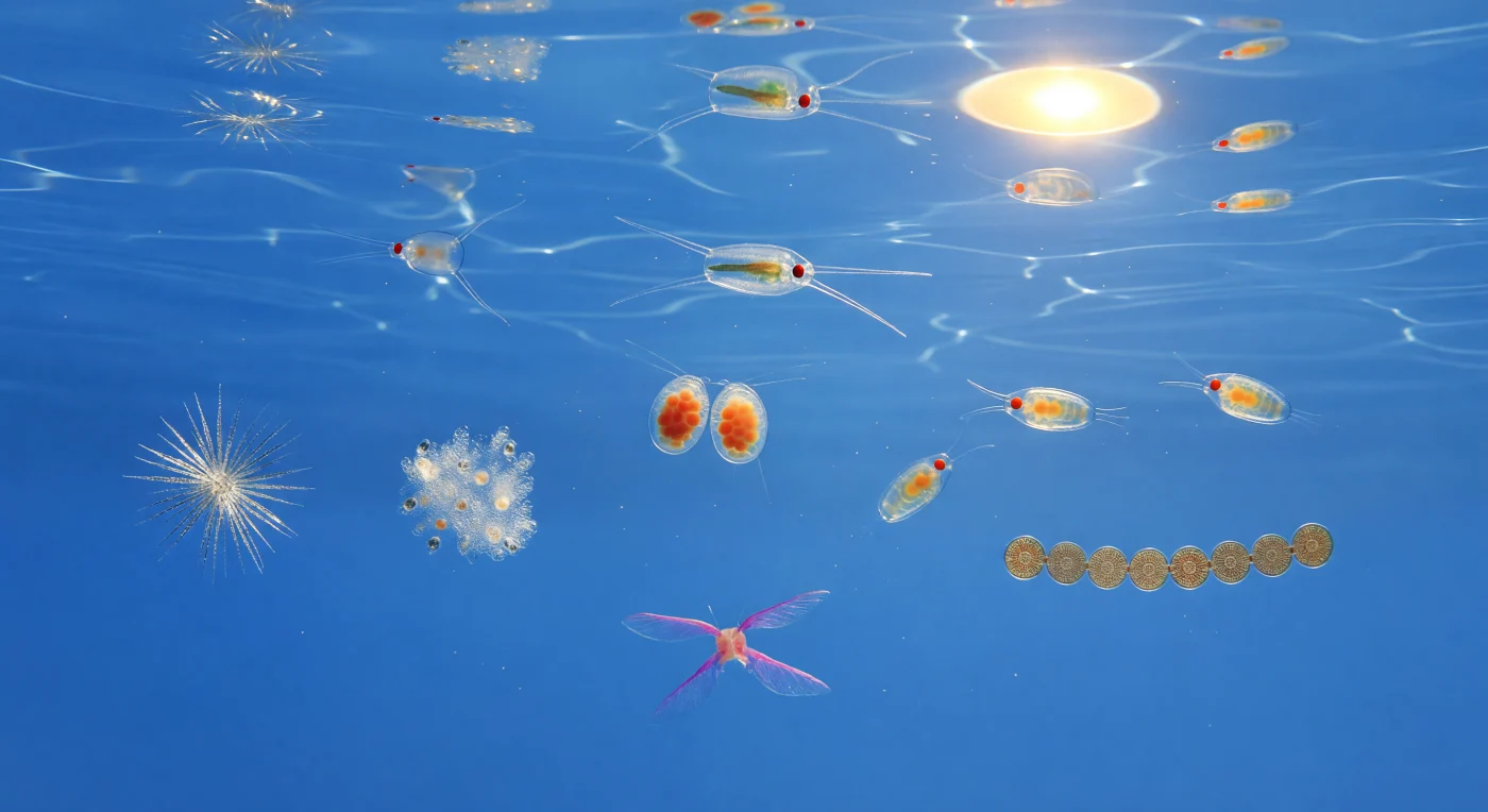 Suspended weightless in the crystalline heart of the central Pacific subtropical gyre, you float inside the clearest ocean water on Earth, surrounded by an unbounded blue so luminous and pure it registers less as color than as the physical sensation of distance — cobalt brightening toward the compressed silver-gold disc of Snell's window upper-right, deepening to indigo below without seam or boundary. Within arm's reach and yet twenty body-lengths distant, a *Clausocalanus* copepod exists more as a refractive event than an animal, its 0.8-millimeter body a near-invisible lens distortion in the water column, antennae extending as spun-glass filaments while its single nauplius eye returns one fleck of crimson light; nearby, an *Oithona* cyclopoid carries its paired egg sacs like amber lanterns, three tumbling nauplius larvae each orbit their own fierce orange-red eyespot through the blue, and a *Thalassiosira* diatom chain drifts laterally as linked golden-brown silica discs etched with radial pore geometry. These organisms inhabit the oligotrophic gyre — a vast, nutrient-depleted oceanic desert where extreme transparency is itself a consequence of biological scarcity, yet the planktonic community that persists here is exquisitely adapted to this low-Reynolds-number world, each body a variation on glass, amber, or fire suspended in what amounts to the clearest natural liquid volume on Earth, the entire assembly flickering with photon caustics that ripple across every transparent surface like slow silver nets dissolving in the barely-moving water column.