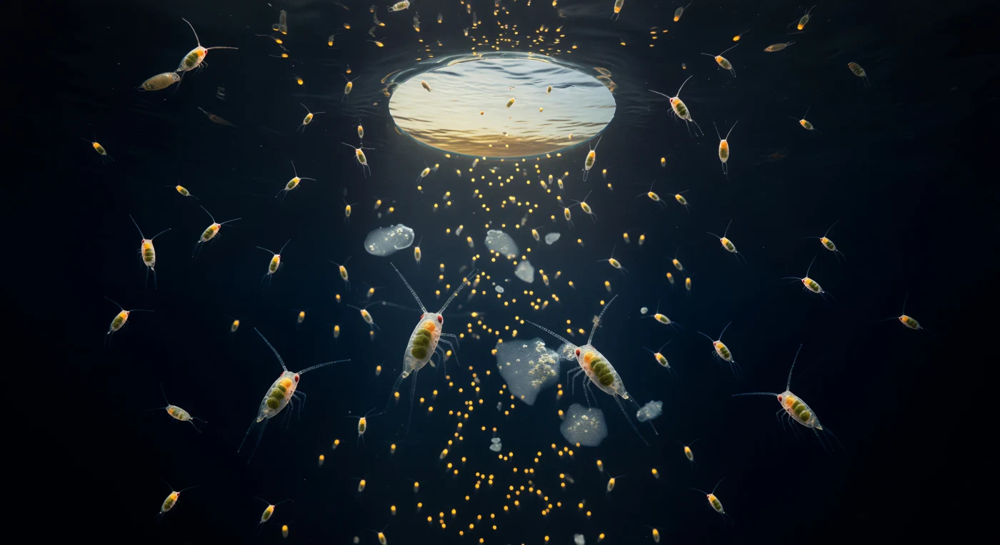 You are looking straight up through eighty meters of pre-dawn Atlantic, and the ocean above you is on fire with tiny ascending lights. Hundreds of *Calanus* copepods — each body a glassy two-to-three-millimeter torpedo, nearly invisible but for the amber-orange lipid droplet burning inside its prosome like a caged ember — rise in loose pulsing streams through the water column, executing the nightly return leg of their diel vertical migration: a twelve-hour, hundred-meter journey driven by the need to feed in surface waters under cover of darkness and retreat to depth before daylight exposes them to visual predators. The nearest individuals resolve into extraordinary anatomical clarity, their paired antennules fanned into feathery arcs of hair-thin setae, their single ruby nauplius eyes catching the last cold blue of the deep, their segmented urosomes trailing beneath like pale jointed threads, while through their glass-clear carapaces the olive-green gut boluses of digested diatoms show as dark inclusions alongside the glowing oil sac — wax esters and lipids stored across weeks of surface feeding, the metabolic currency that will sustain them through winter diapause at depth. Above this close foreground, the swarm expands into the middle column, individual amber points multiplying and blurring together into a soft vertical galaxy of converging ember-light that narrows toward a single destination: the Snell's window overhead, a perfect circular disc still silver-pale but warming gold at its rim with the approaching sunrise, its sharp edge the compressed boundary between ocean and atmosphere, the entire sky collapsed into one bright portal through which a hundred million copepods are simultaneously navigating. Threading downward in the opposite direction, pale curtains of marine snow — mucus aggregates, diatom frustules, fecal pellets — drift between the rising animals like ash falling through fireflies, and two of the nearest copepods have pivoted from their ascent to intercept a passing flake, their feeding appendages spinning micro-vortices in the cold pressured dark, amber sacs still lit, the whole scene suspended in a single crystalline instant of organized biological purpose.