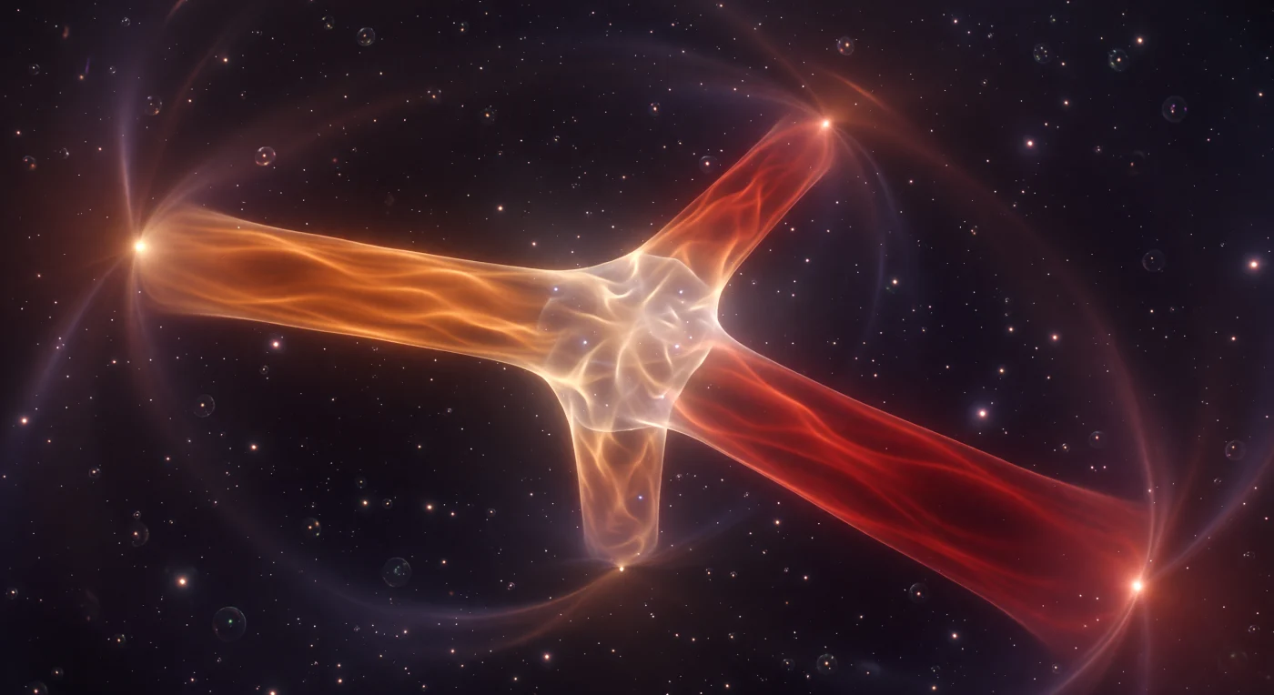 Standing at the junction of three diverging flux tubes deep within a baryon, you look outward along corridors of pure chromodynamic field energy — two blazing warm orange toward the up quarks, one shifting into cooler crimson toward the down — while behind you the junction itself pulses as a white-gold interference knot, its threefold lobes blooming and collapsing in the restless rhythm of color charge equilibrium. These are gluon flux tubes made visible: not metaphors but the literal chromodynamic strings that enforce confinement, carrying a string tension of roughly 0.18 GeV² per femtometer, binding the quarks together with a force that only grows as distance increases, making escape thermodynamically impossible without nucleating new matter from the vacuum itself. Around you the surrounding medium is far from empty — brief translucent spheres bloom and vanish in the dark, each one an instanton, a topological storm in the vacuum condensate that reshuffles chiral structure before dissolving back into the granular haze of the chiral condensate, the background field that permeates the entire hadronic interior. The corridors sway with the thermal motion of the quarks at their far ends, sweeping their amber and crimson light across a faint, soap-bubble boundary wall — the confinement surface, the limit of the hadron — which catches each passing beam in a ghost of pale amber before retreating again into the instanton-flecked dark. Every direction leads inward, every force pulls toward structure, and the only light anywhere in this sealed world is the light that confinement itself has made.